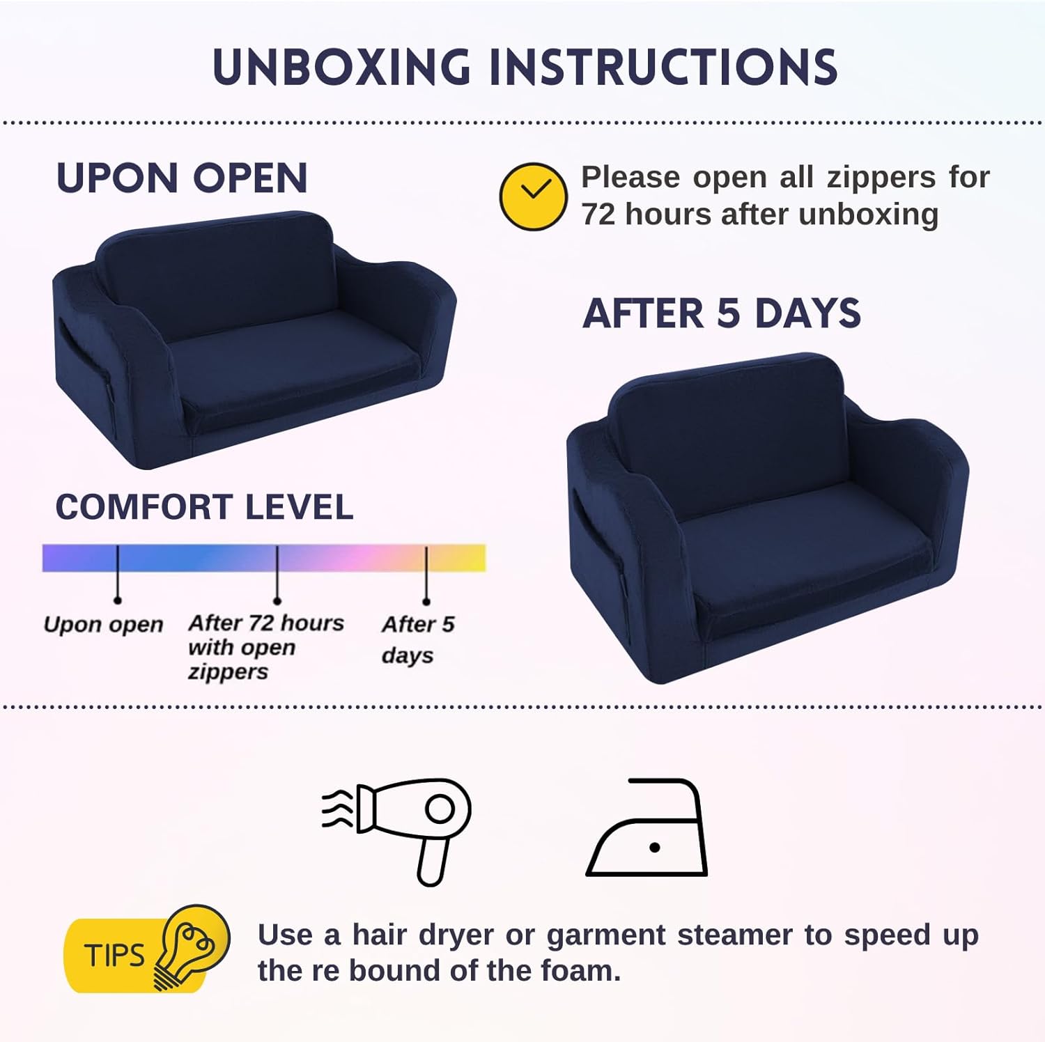 Please wait 5 days after opening the package for Navy Children's Fold Out Sofa to regain its original shape and thickness.Using a hair dryer and garment steamer can speed up the process