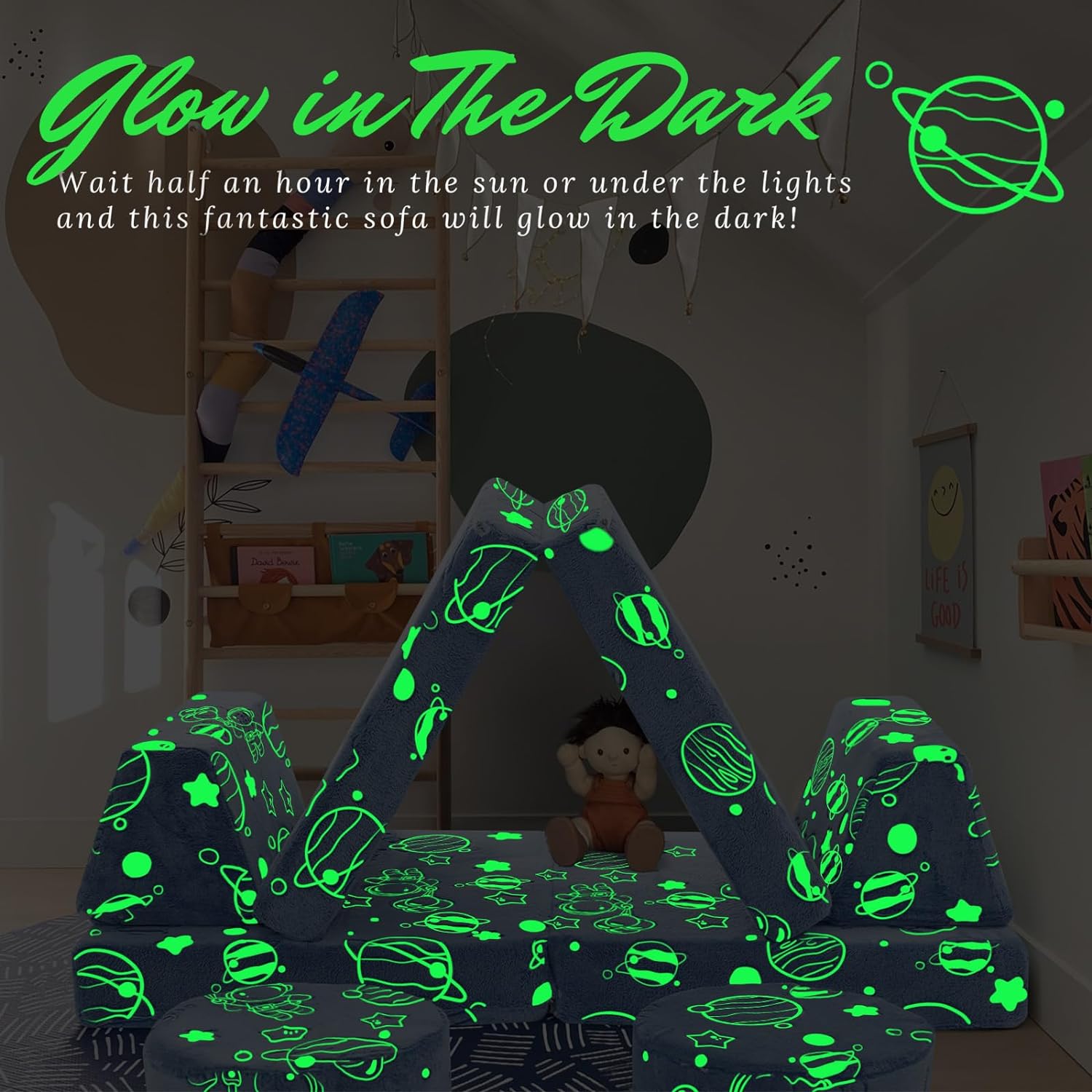 Glowsofa's Astronaut 8 pieces kids play couch glow in the dark effect