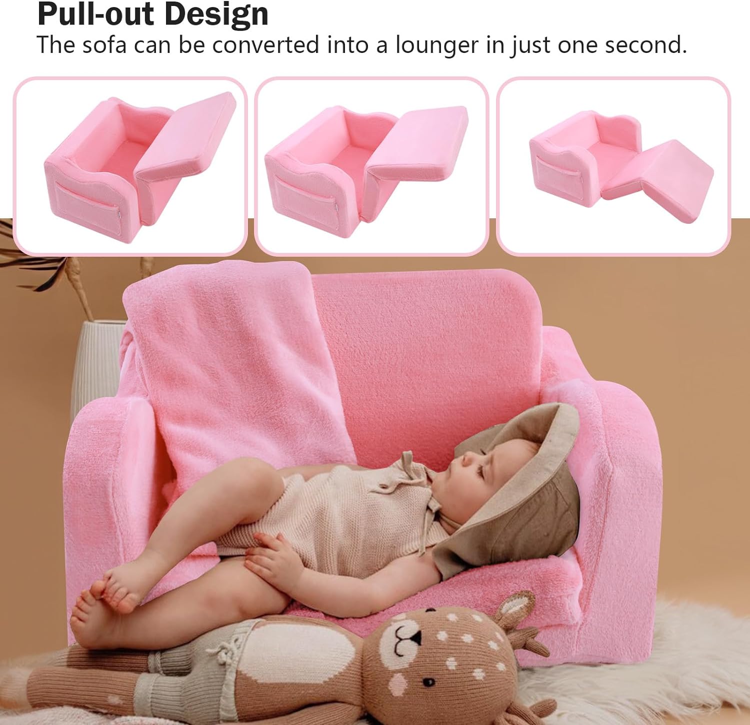 Baby lying on Glowsofa's Pink Children's Fold Out Sofa