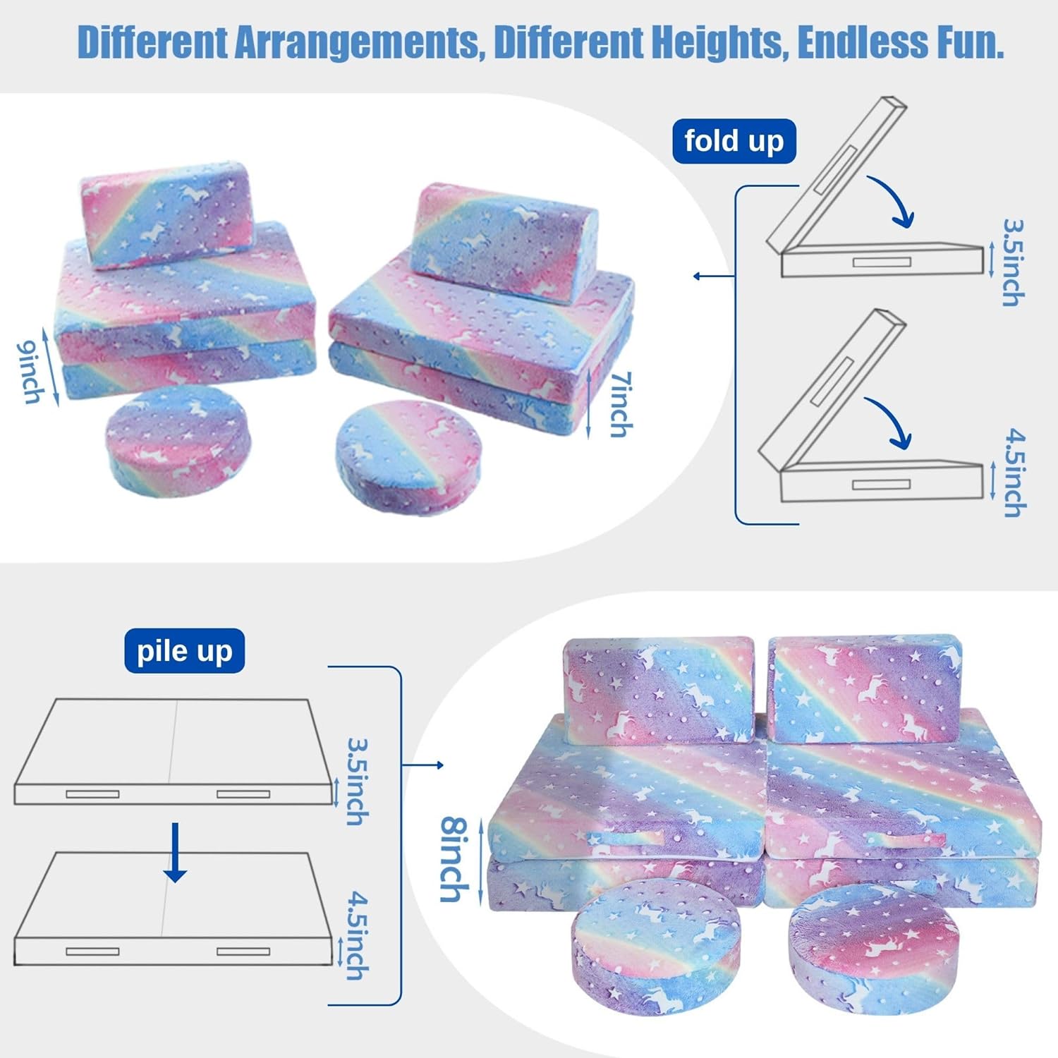Glowsofa's Rainbow 8 pieces kids play couch features 8 pieces, four foldable seats, two back cushions, and two round cushions.