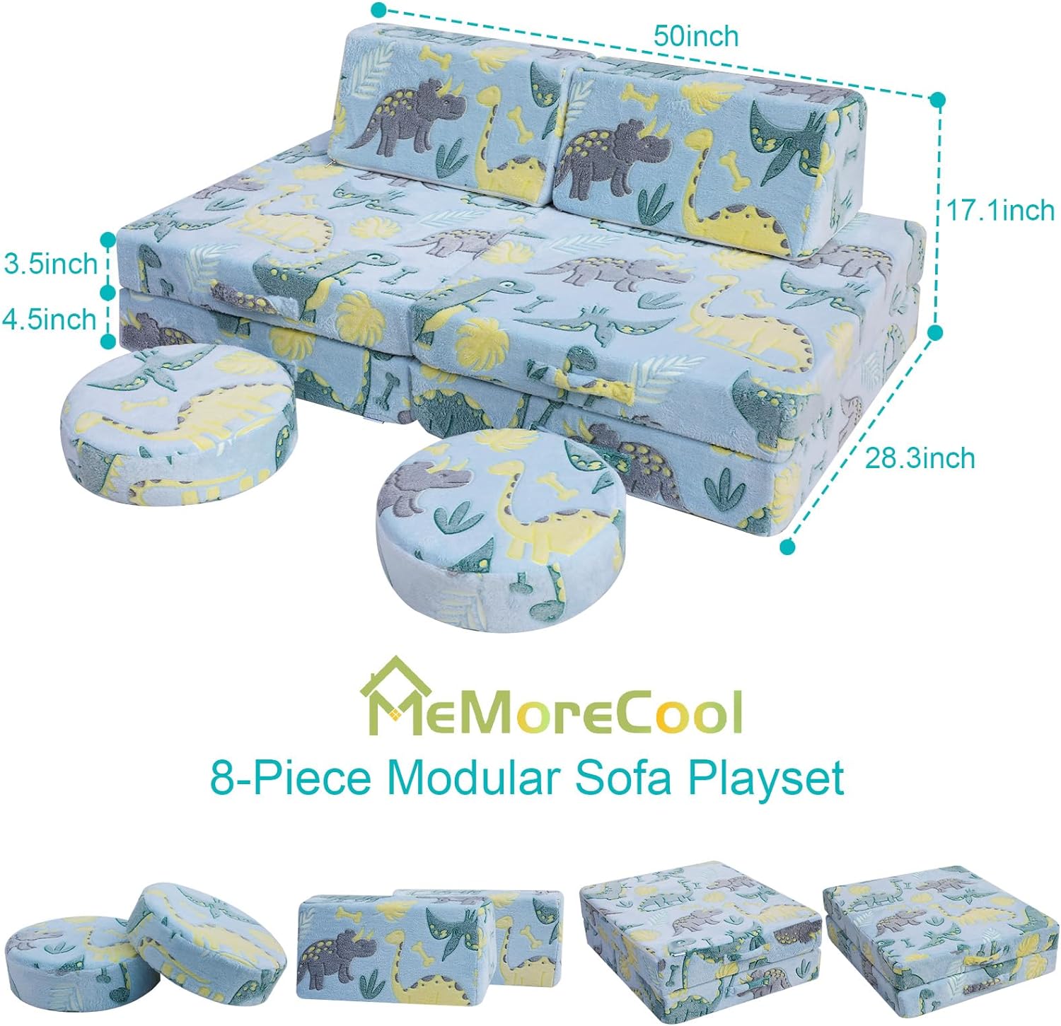 Glowsofa's Blue Dinosaur 8 pieces kids play couch measures 28.3 “D x 50 ‘W x 17.1 ’H