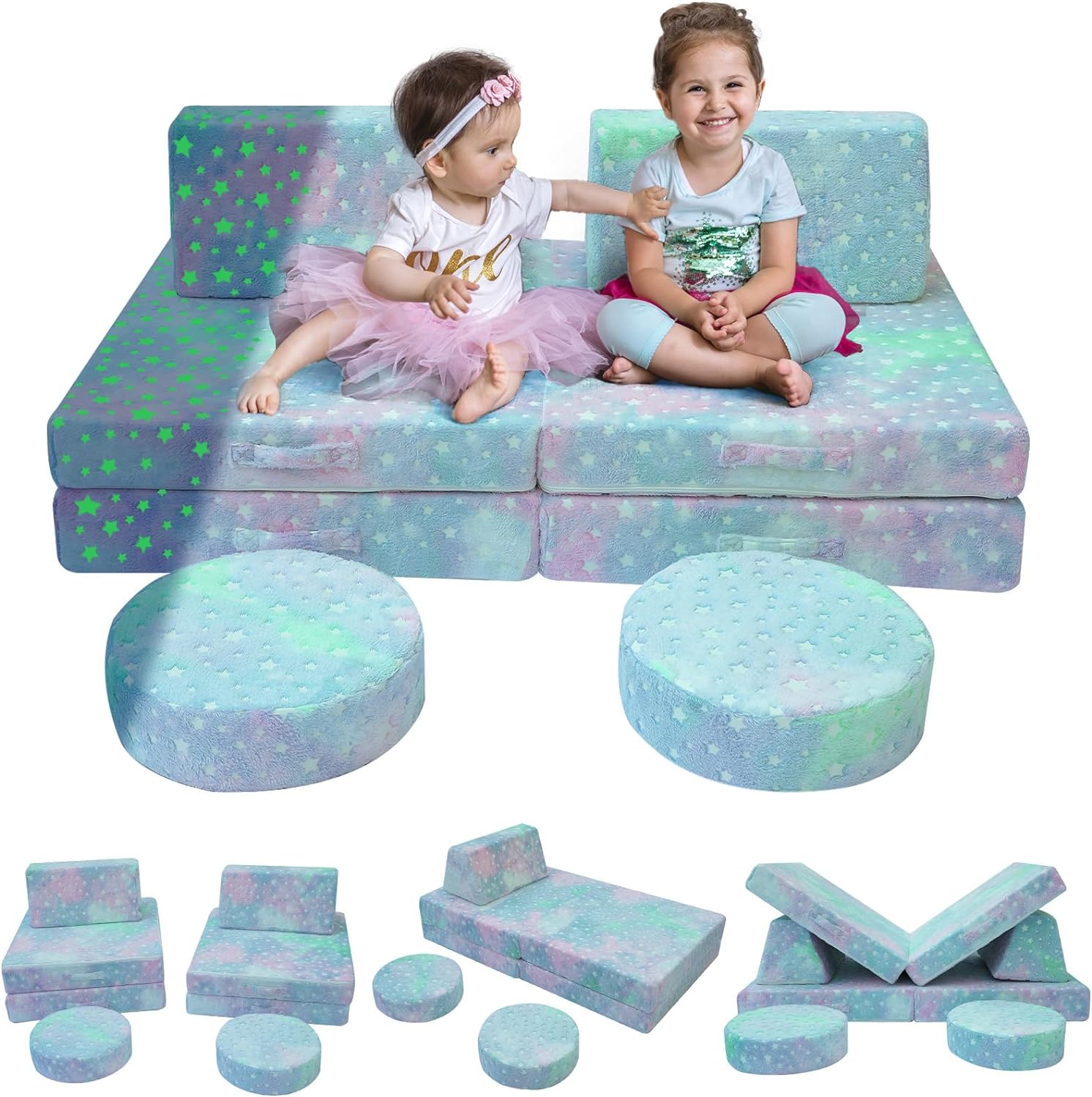 Two girls sitting on Glowsofa's Colorful Star 8 pieces kids play couch set