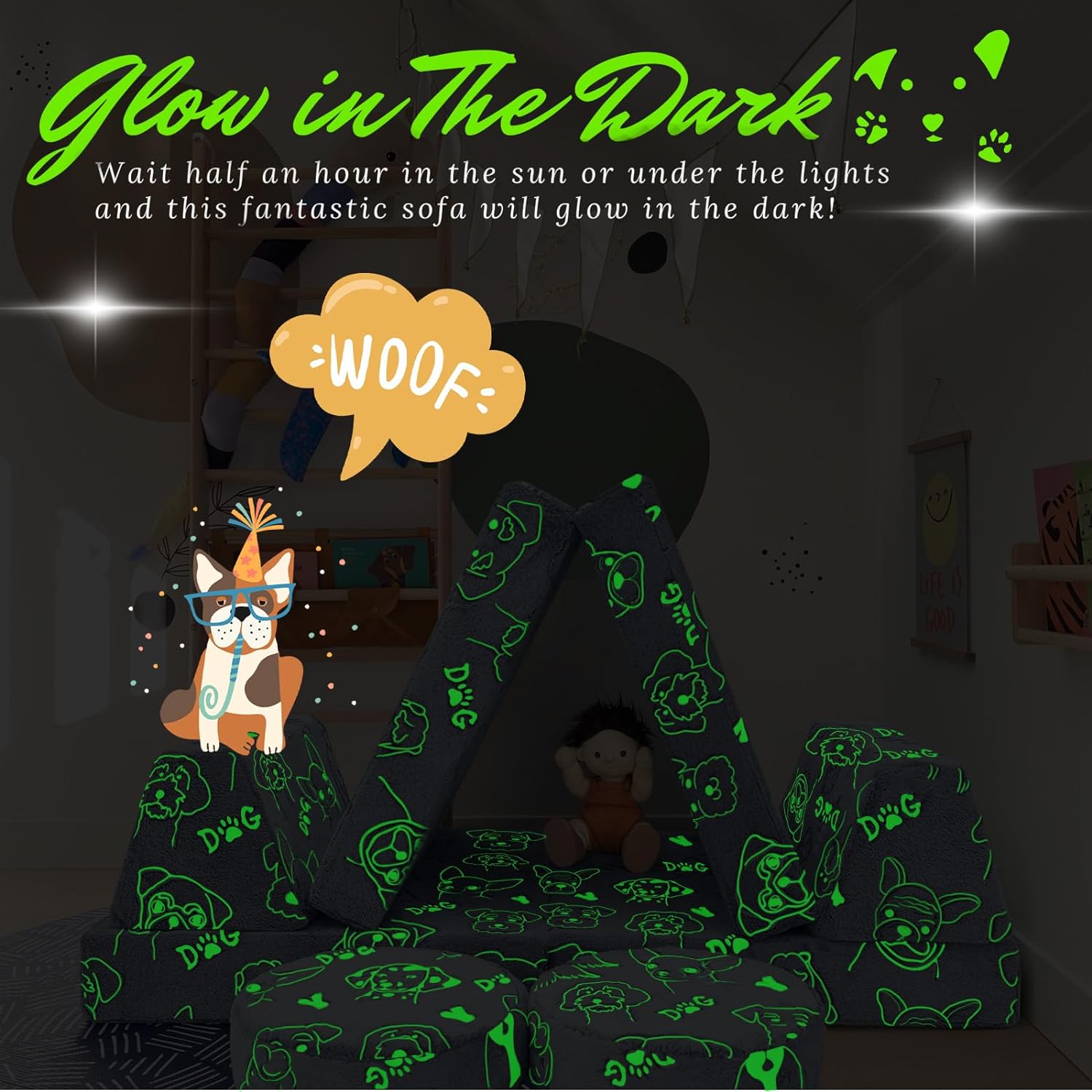 Glowsofa's Dog 8 pieces kids play couch glow in the dark effect