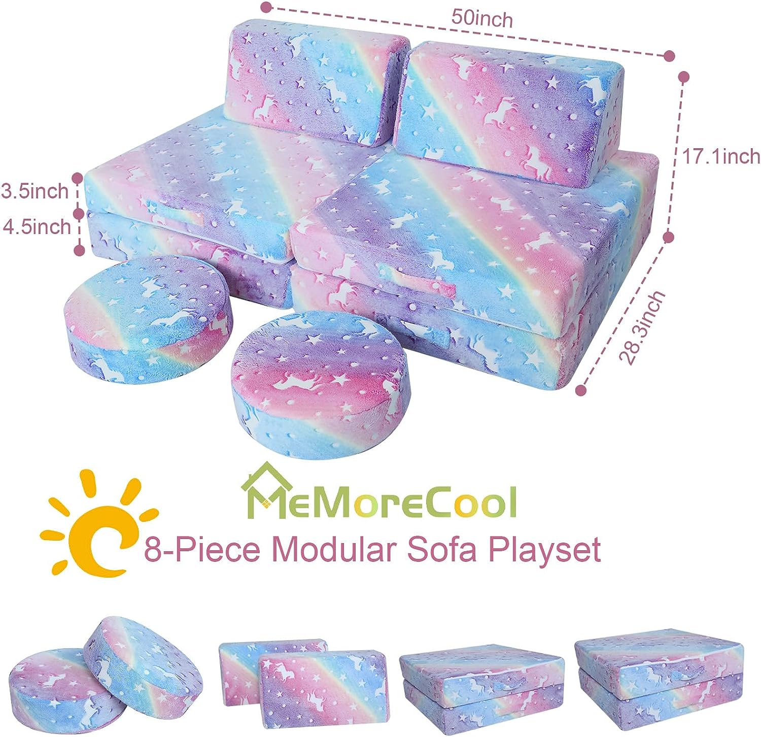 Glowsofa's Rainbow 8 pieces kids play couch measures 28.3 “D x 50 ‘W x 17.1 ’H