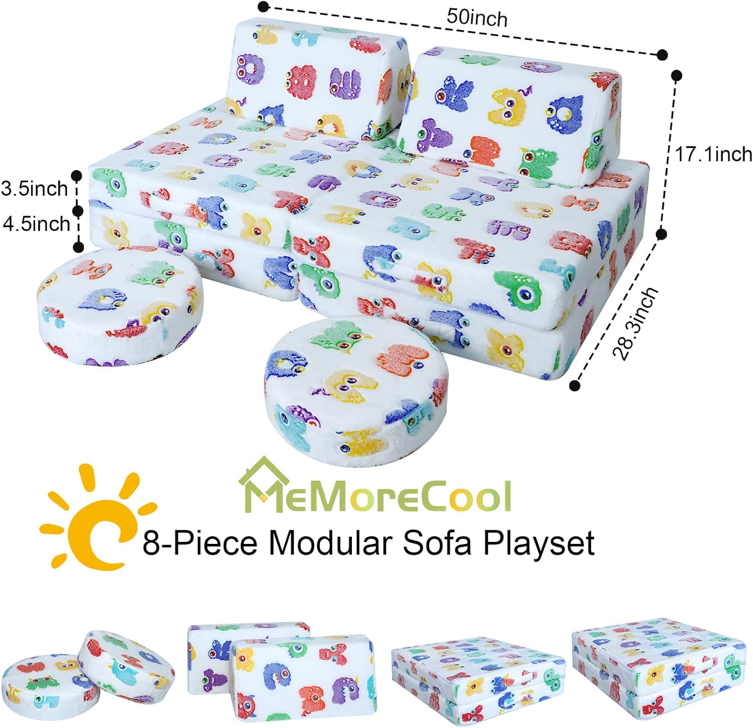 Glowsofa's Alphabet 8 pieces kids play couch measures 28.3 βD x 50 βW x 17.1 βH