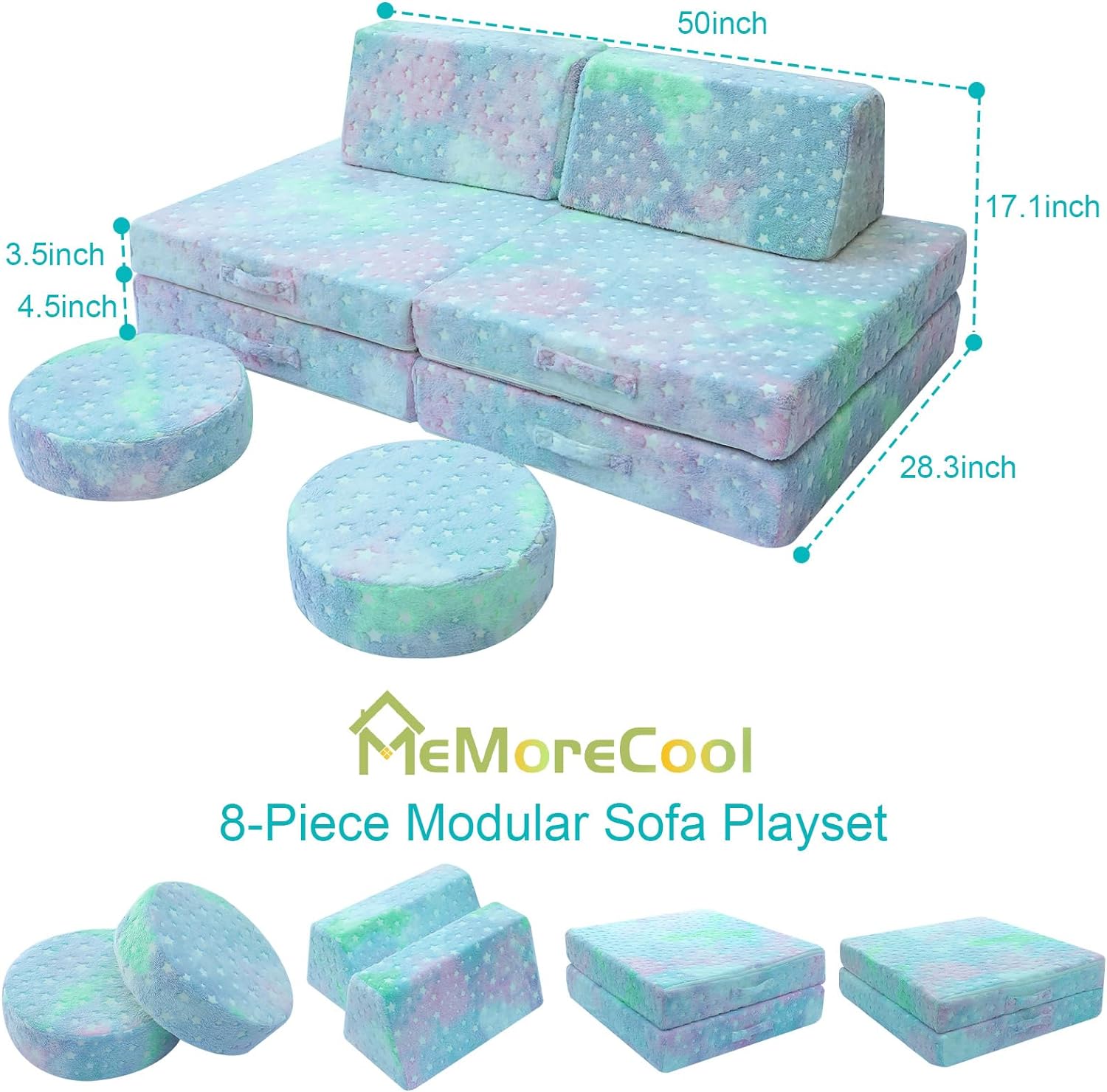 Glowsofa's Colorful Star 8 pieces kids play couch measures 28.3 “D x 50 ‘W x 17.1 ’H