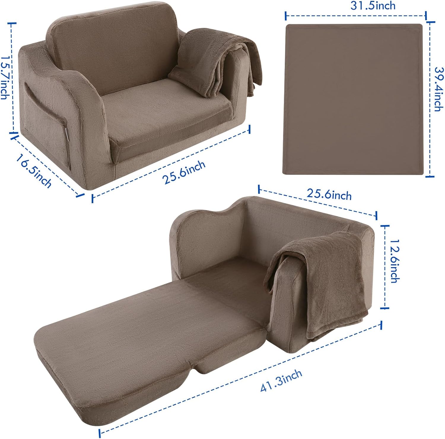 Glowsofa's Brown Children's Fold Out Sofa has a Seat Depth of 13 inches, a Seat Height of 11.5 Inches, and Product Dimensions of 16.5 “D x 25.6 ‘W x 15.7 ’H!
