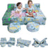 Two girls sitting on Glowsofa's Blue Dinosaur 8 piece kids play couch set