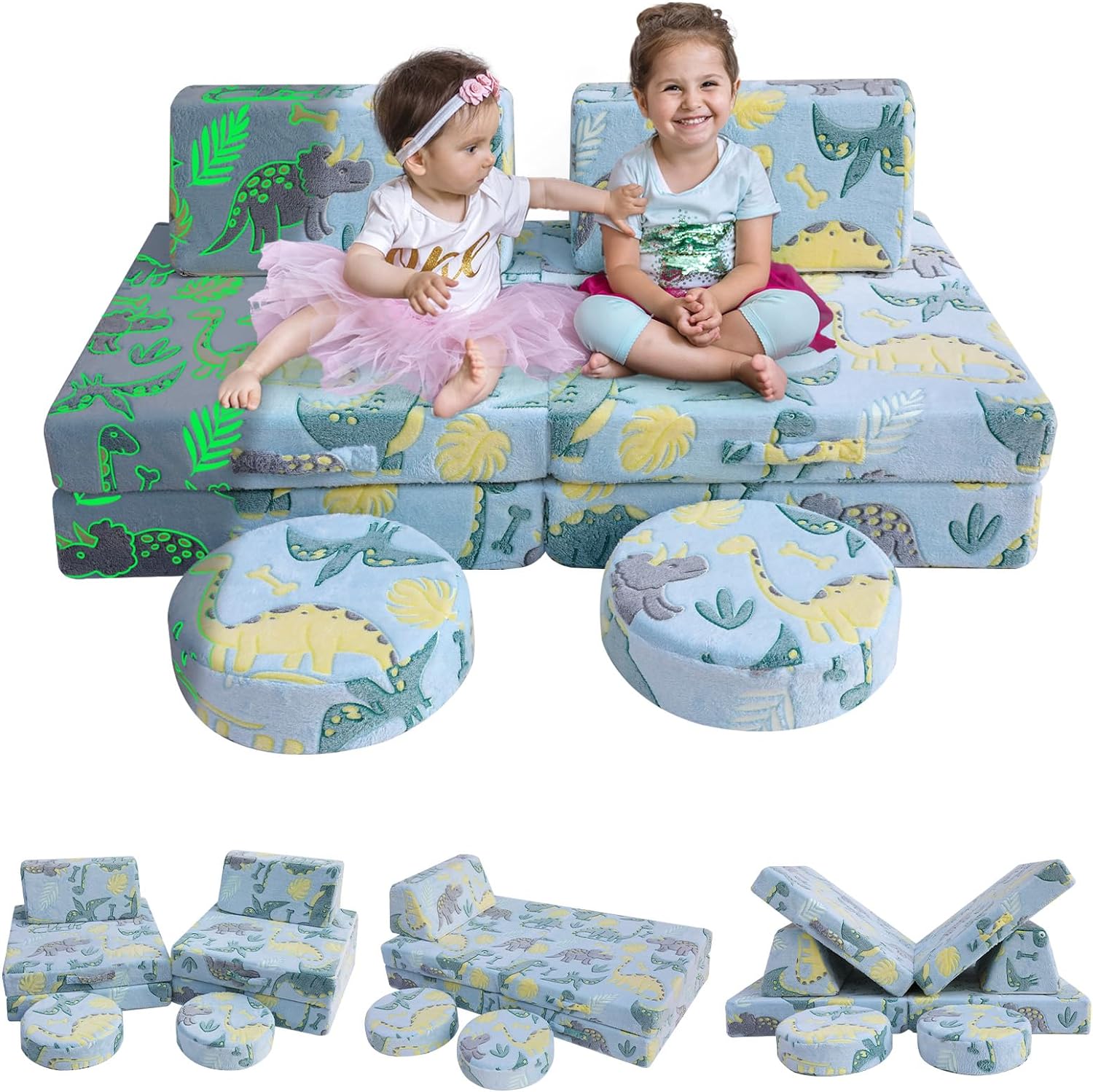 Two girls sitting on Glowsofa's Blue Dinosaur 8 piece kids play couch set