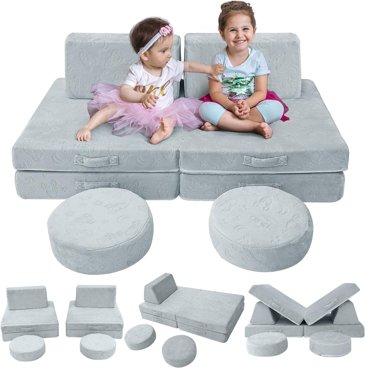 Two girls sitting on Glowsofa's Rocket 8 pieces kids play couch set