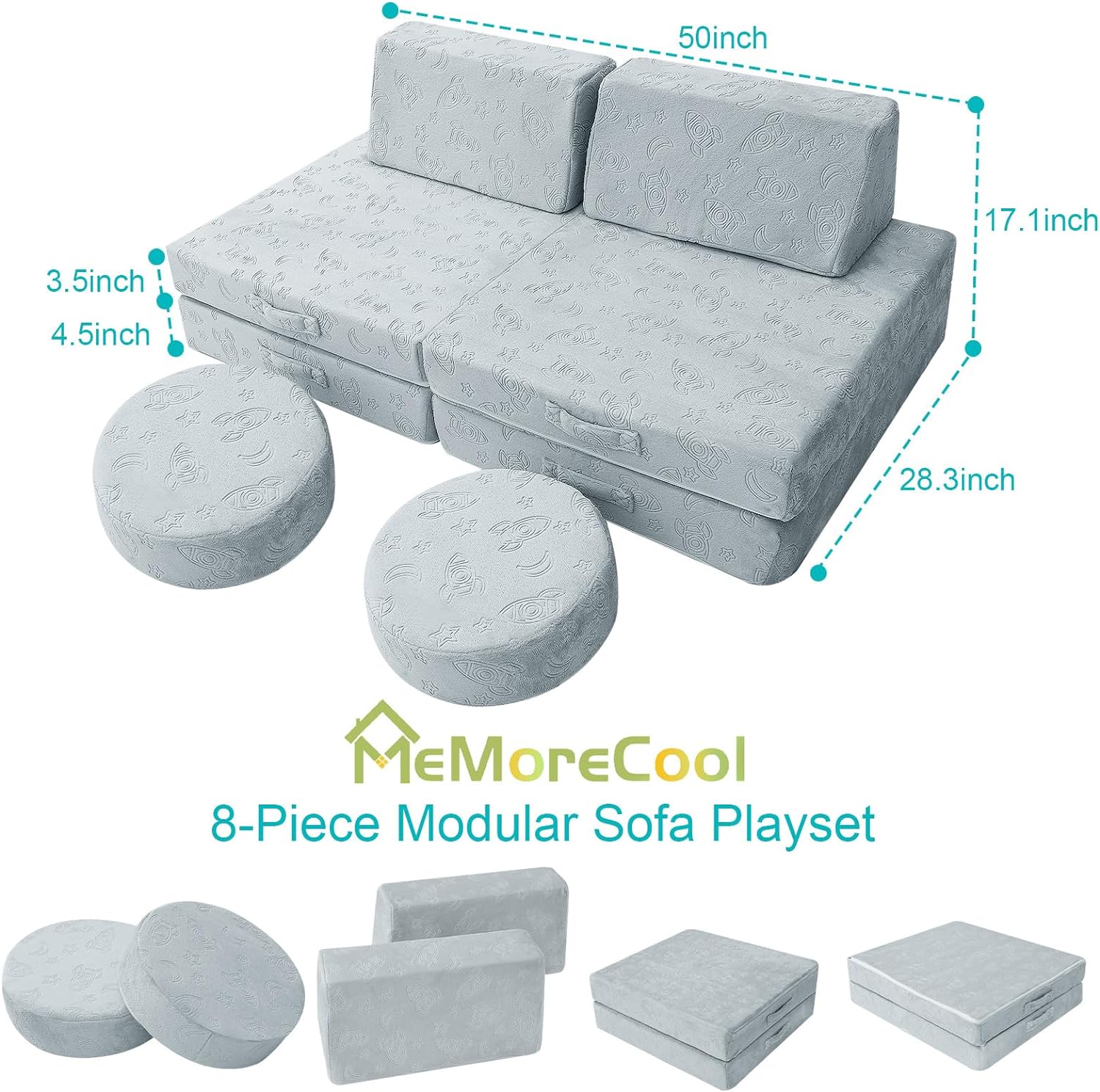 Glowsofa's Rocket 8 pieces kids play couch measures 28.3 “D x 50 ‘W x 17.1 ’H