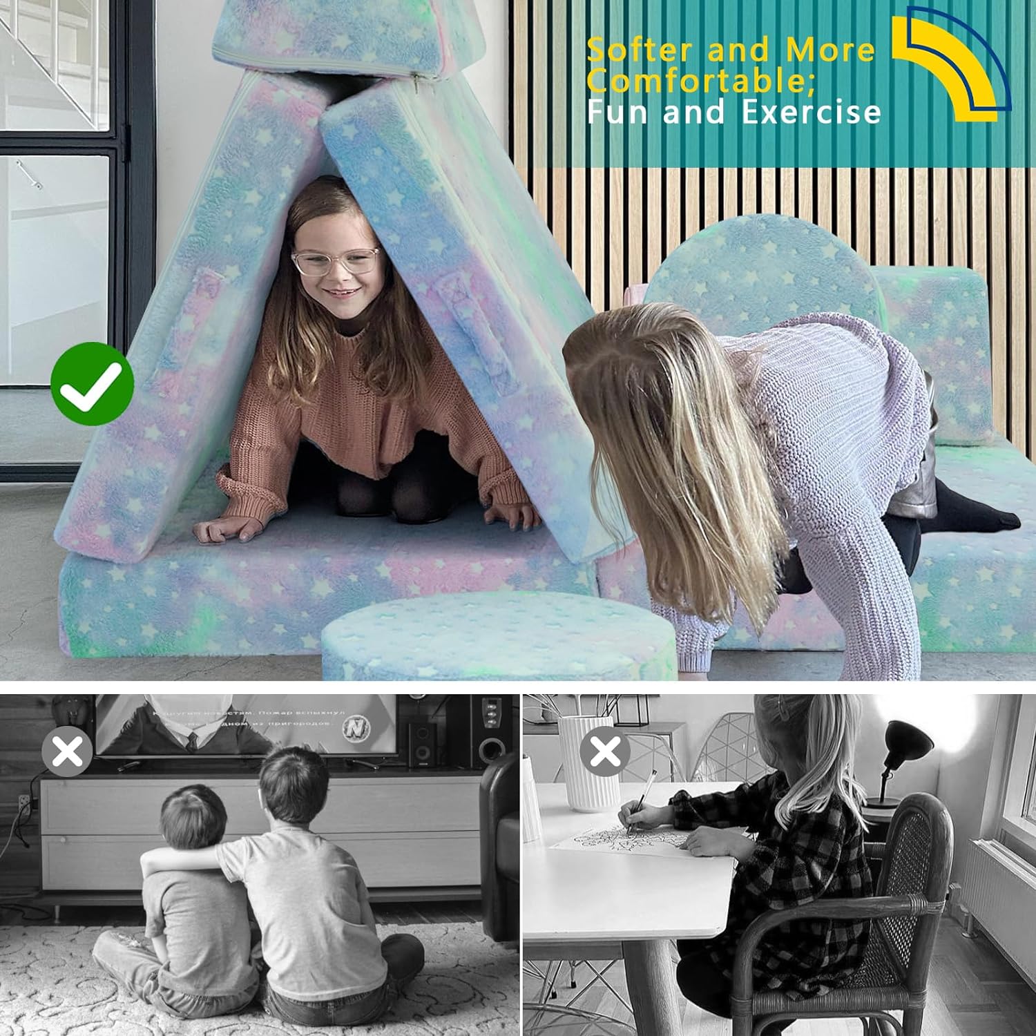 Mini tent made of soft and supportive Glowsofa's Colorful Star 8 pieces kids play couch