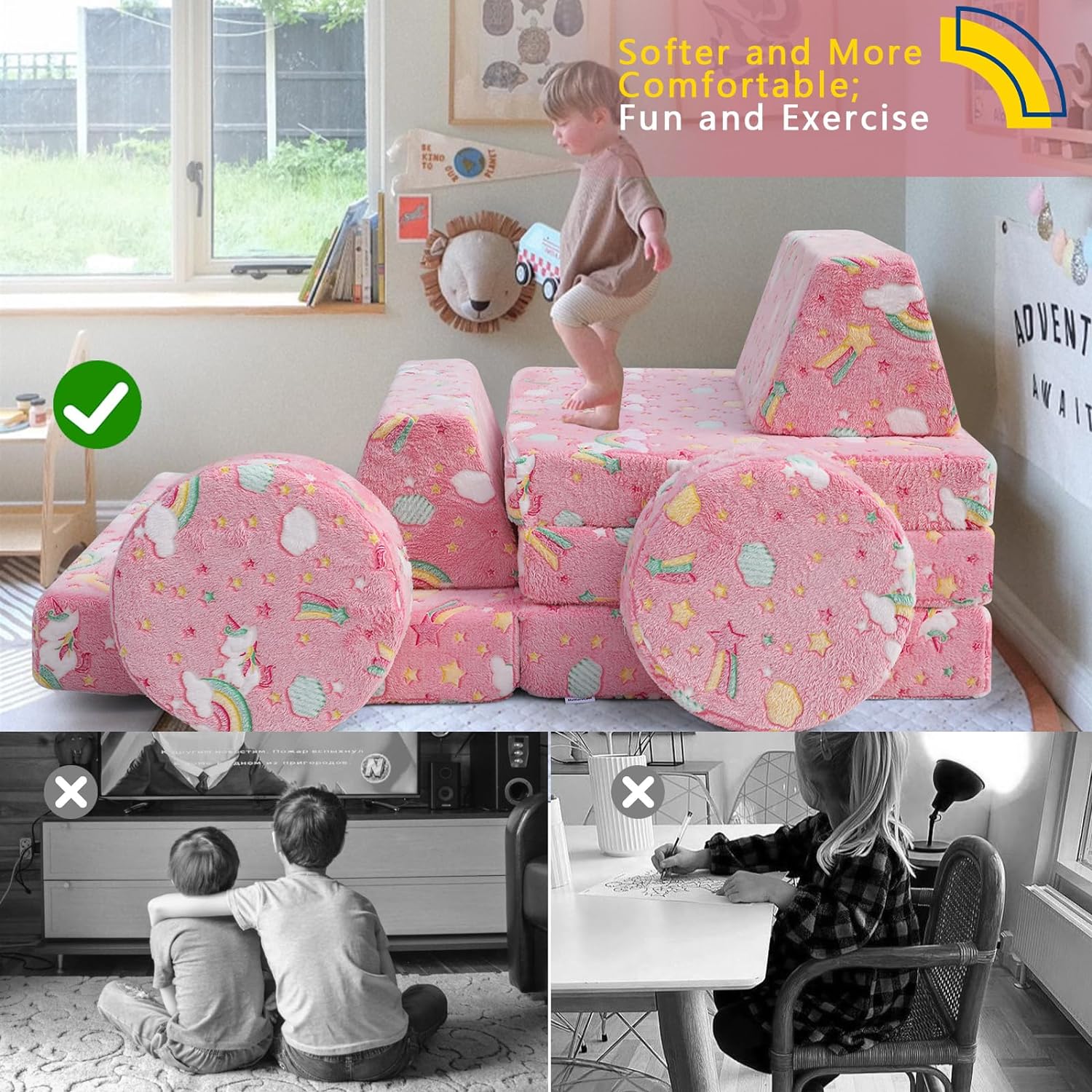 Car made of soft and supportive Glowsofa's Unicorn 8 pieces kids play couch