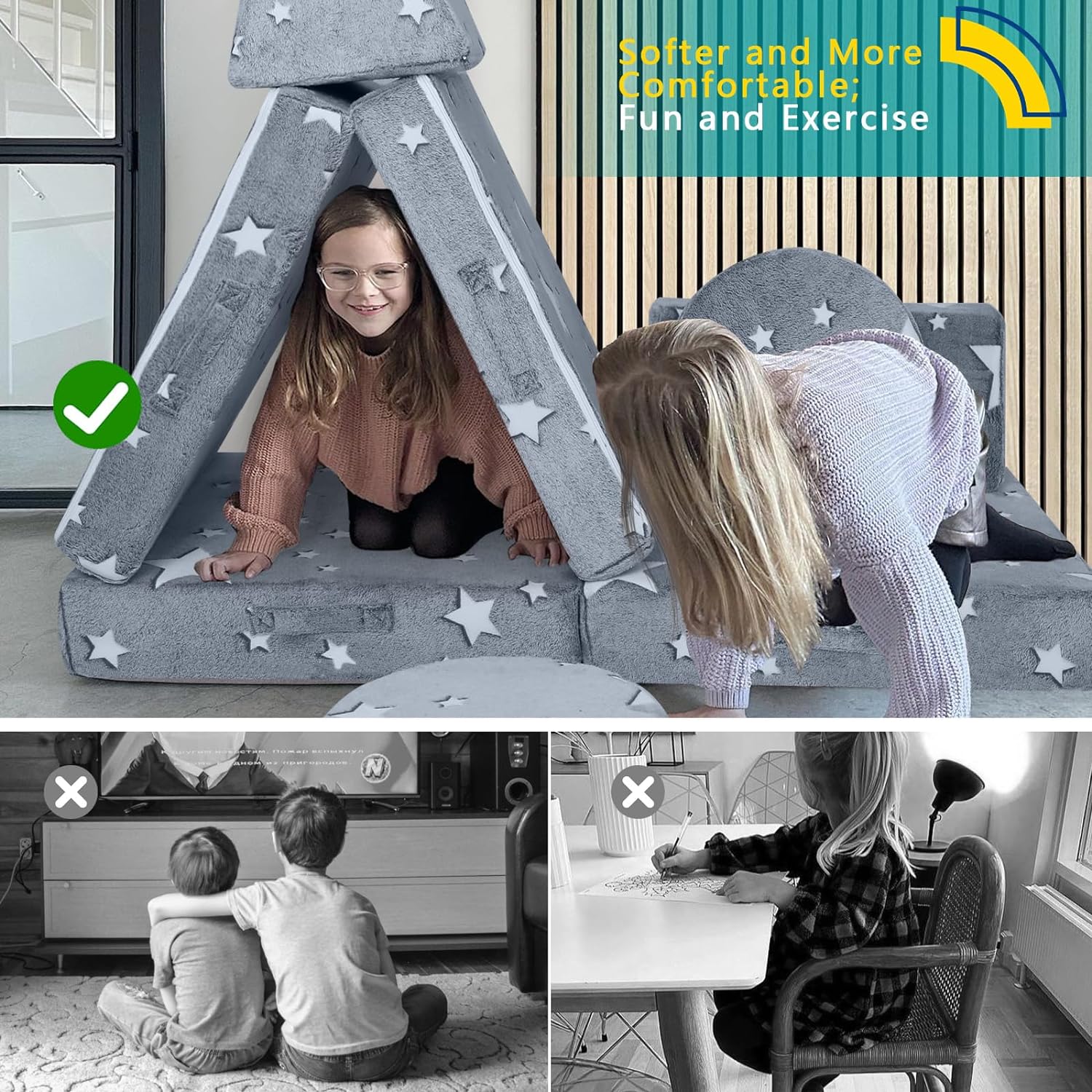 Mini tent made of soft and supportive Glowsofa's Star 8 pieces kids play couch