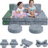 Two girls sitting on Glowsofa's Glowing Dinosaur 8 pieces kids play couch set