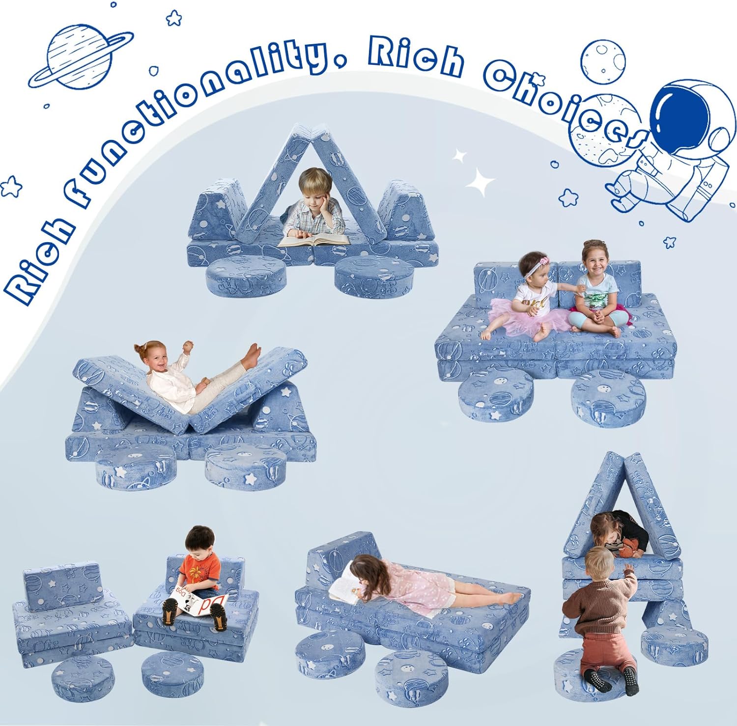 Kids play on different couches built with Glowsofa's Astronaut 8 pieces kids play couch