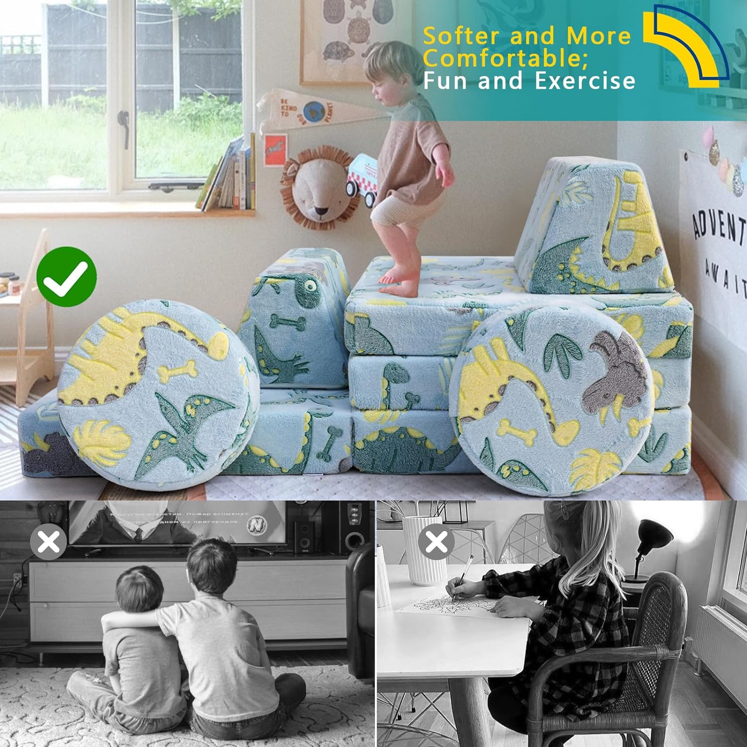 Car made of soft and supportive Glowsofa's Blue Dinosaur 8 pieces kids play couch