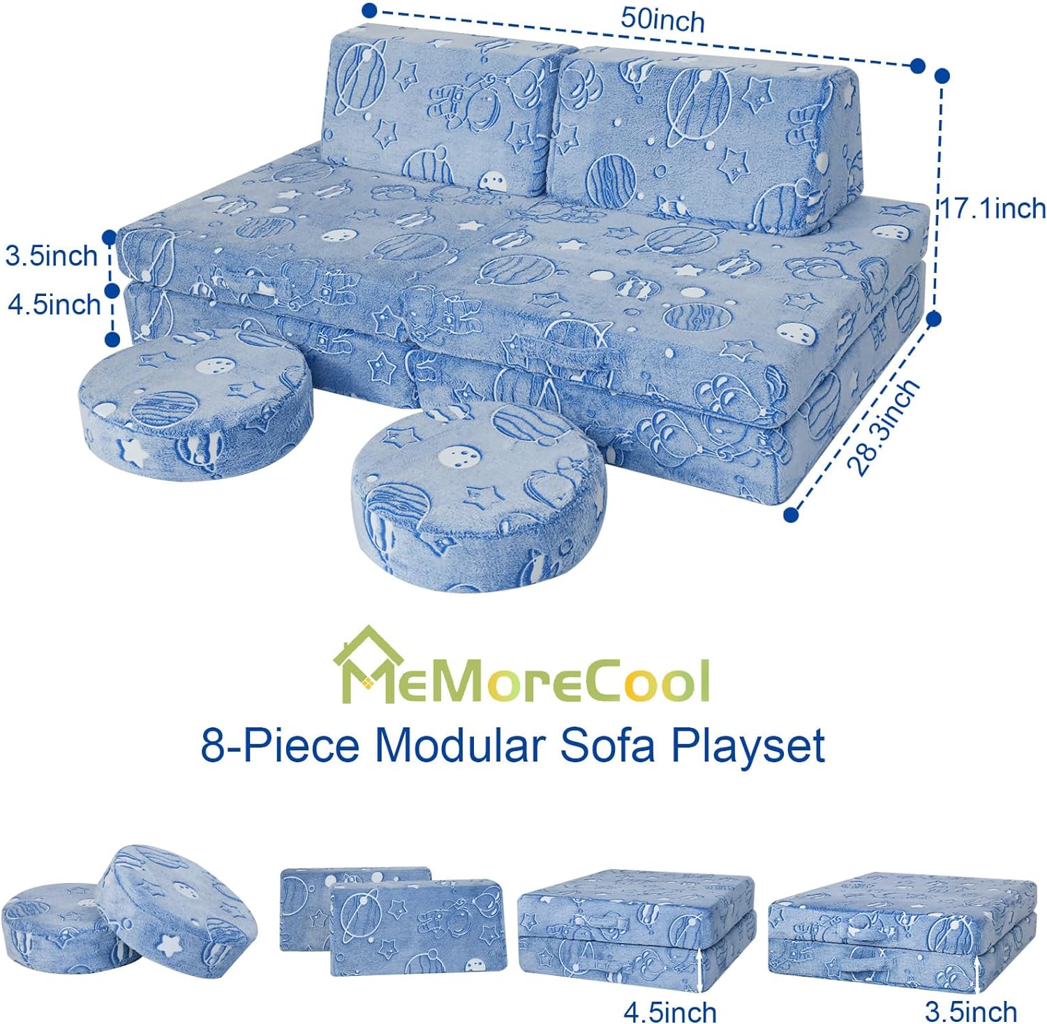 Glowsofa's Astronaut 8 pieces kids play couch measures 28.3 “D x 50 ‘W x 17.1 ’H