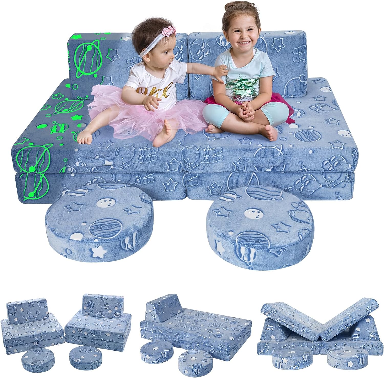 Two girls sitting on Glowsofa's Astronaut 8 pieces kids play couch set