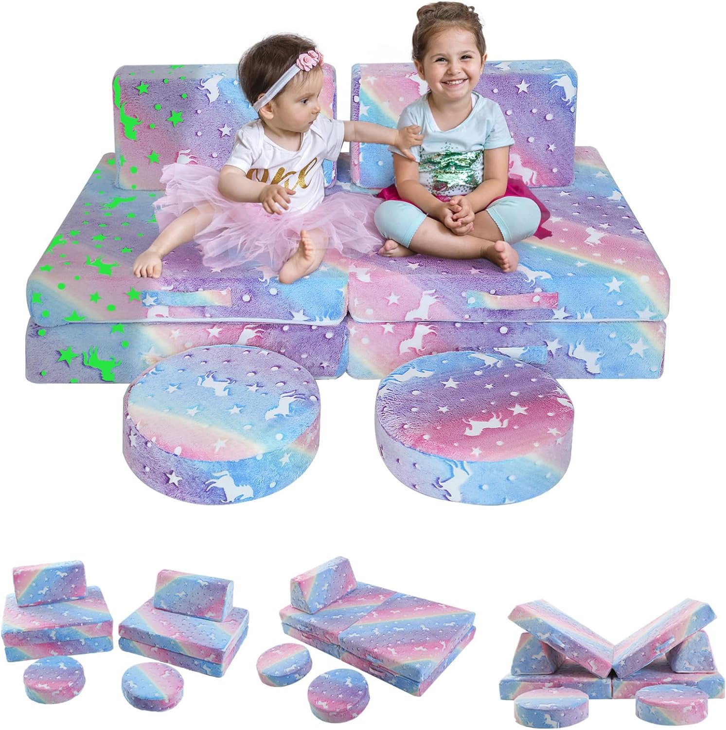 Two girls sitting on Glowsofa's Rainbow 8 piece kids play couch set