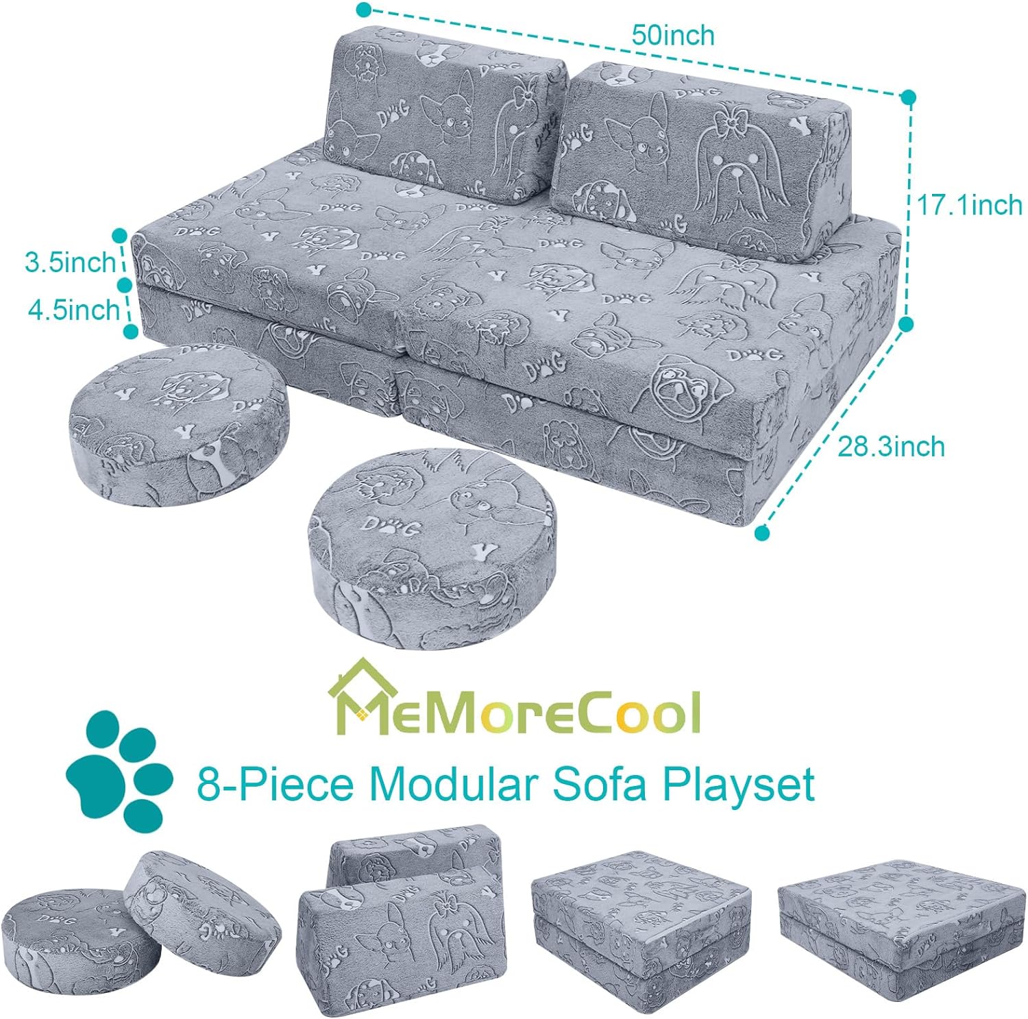 Glowsofa's Dog 8 pieces kids play couch measures 28.3 βD x 50 βW x 17.1 βH