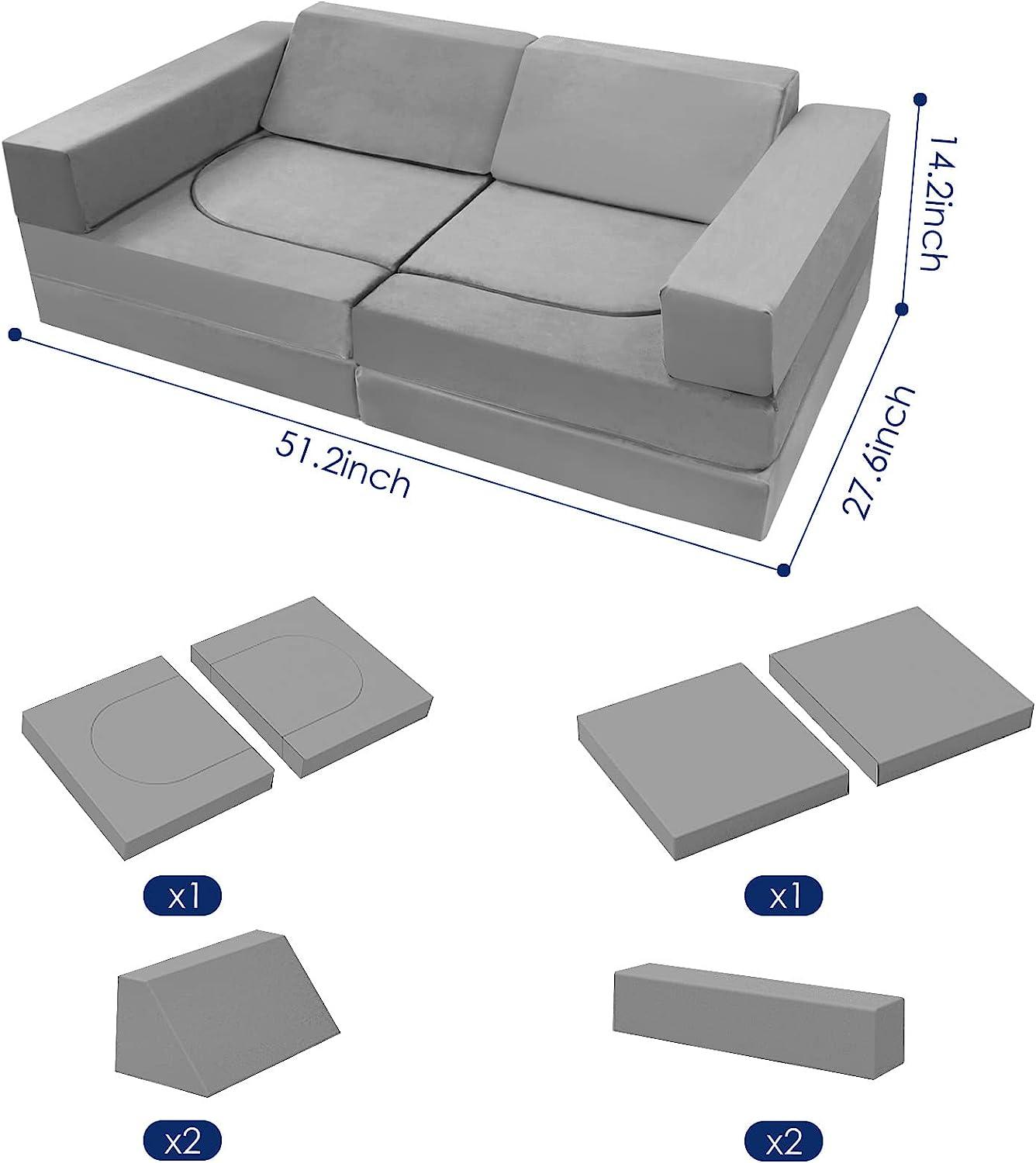 Solid grey kids play couch measures 27.6 “D x 51.2 ‘W x 14.2 ’H and includes 2 foldable seats, 2 back cushions,2 armrest parts, and 4 cushions.