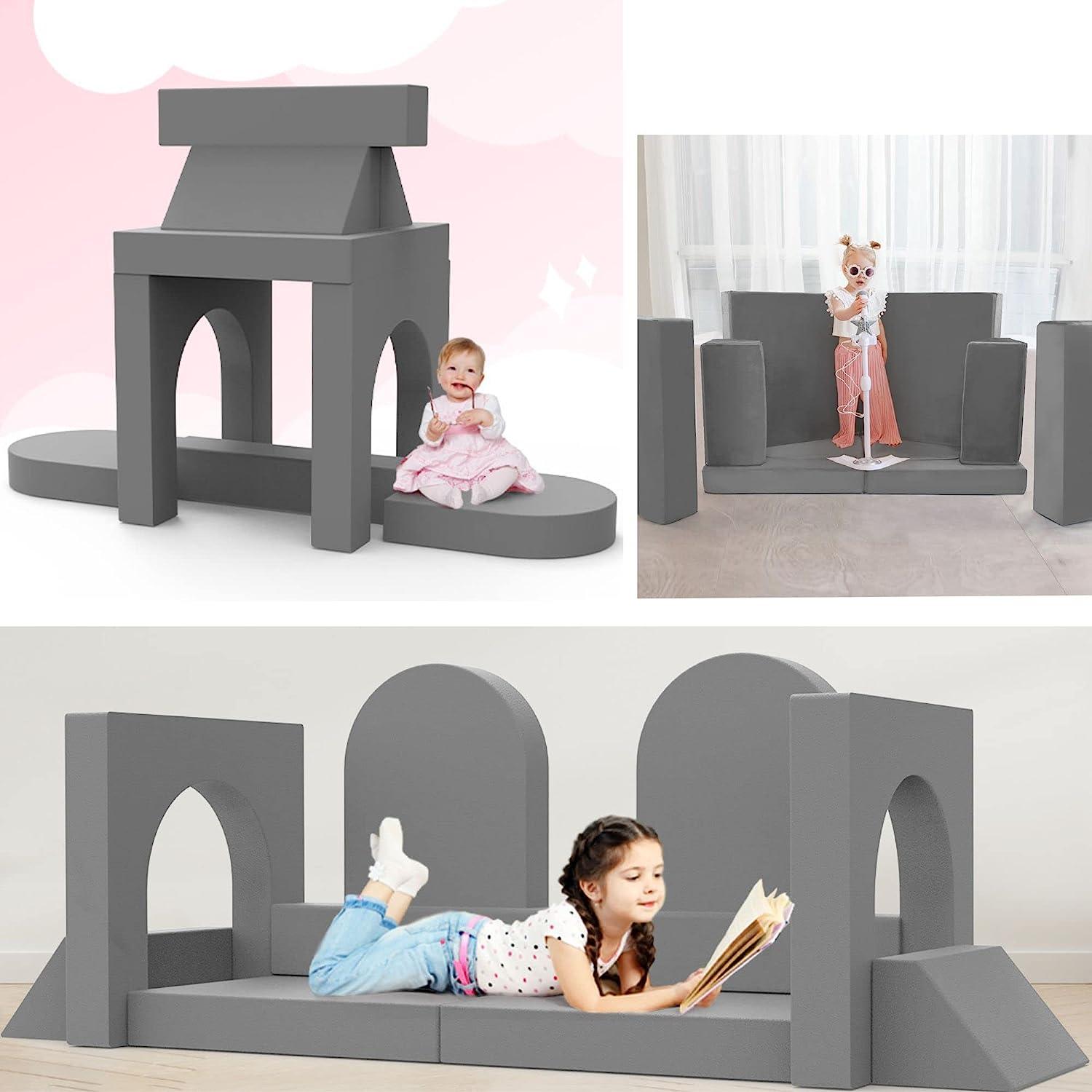 Kids play in different scenes built by solid grey kids paly couch