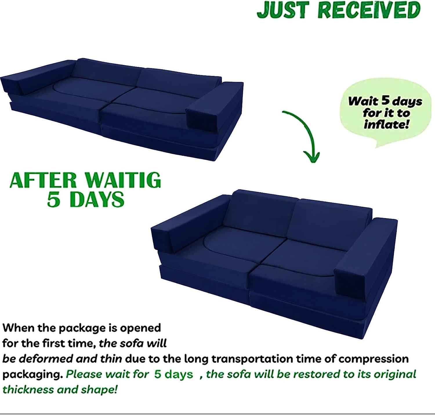 Please wait 5 days after opening the package for Soild navy kids play couch to regain its original shape and thickness.