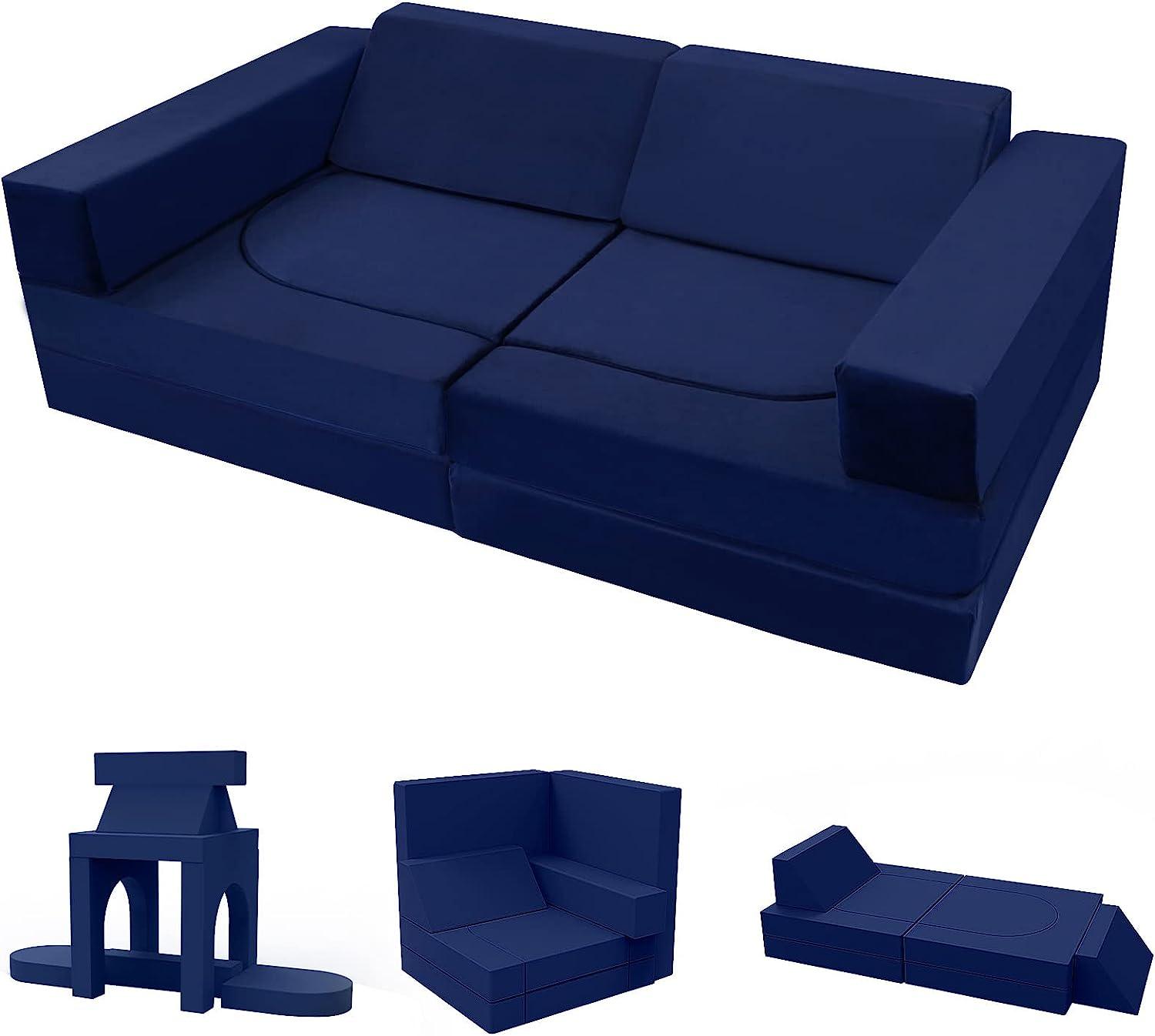 Kids play couch with solid navy fabric 10 piece set