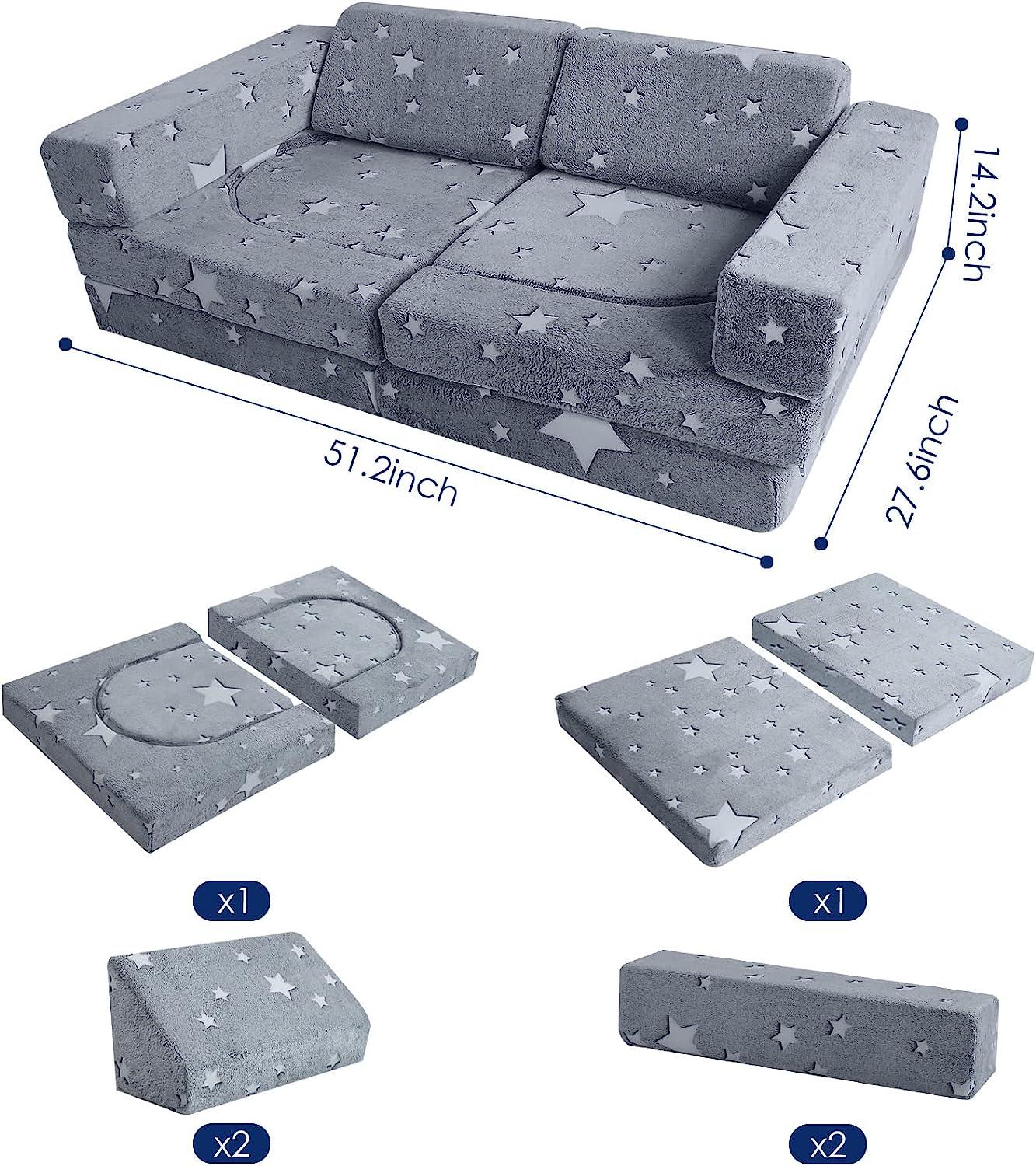 Glowing star kids play couch measures 27.6 “D x 51.2 ‘W x 14.2 ’H and includes 2 foldable seats, 2 back cushions,2 armrest parts, and 4 cushions.