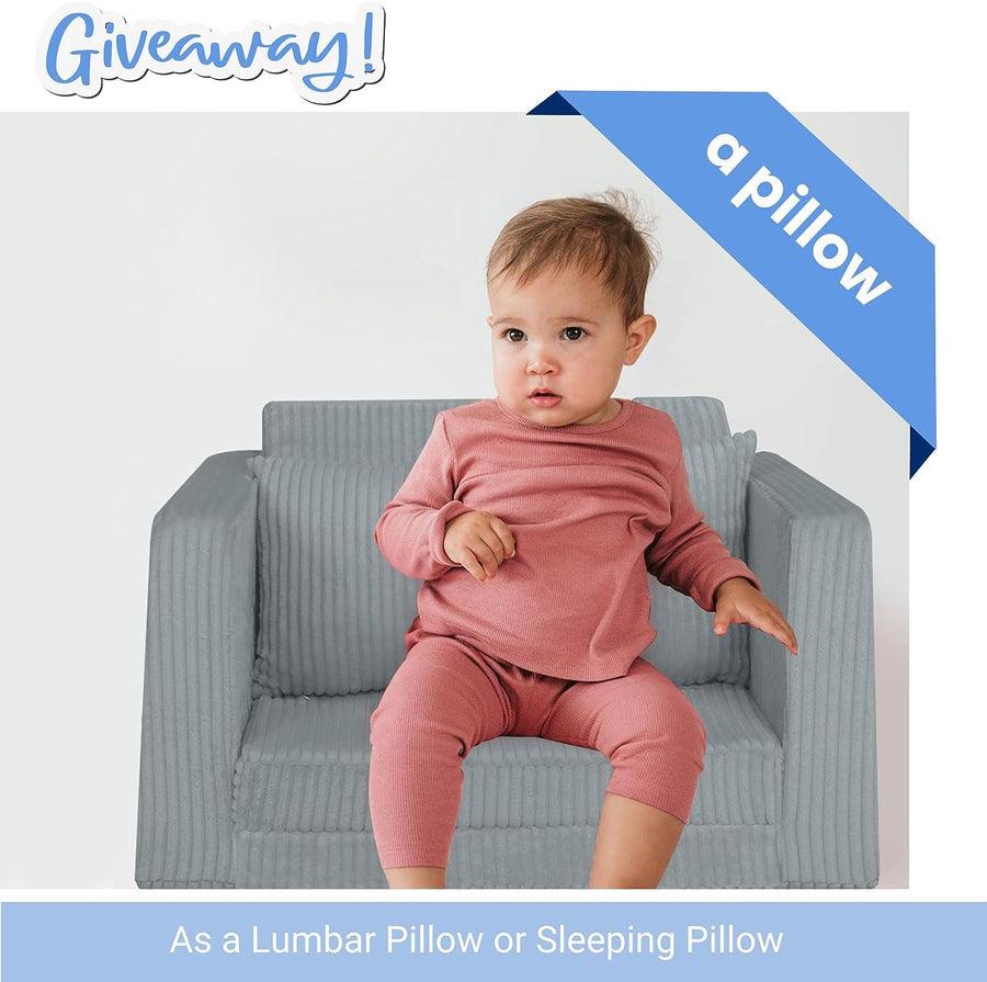 Baby sitting on Glowsofa's Grey Children's Fold Out Sofa