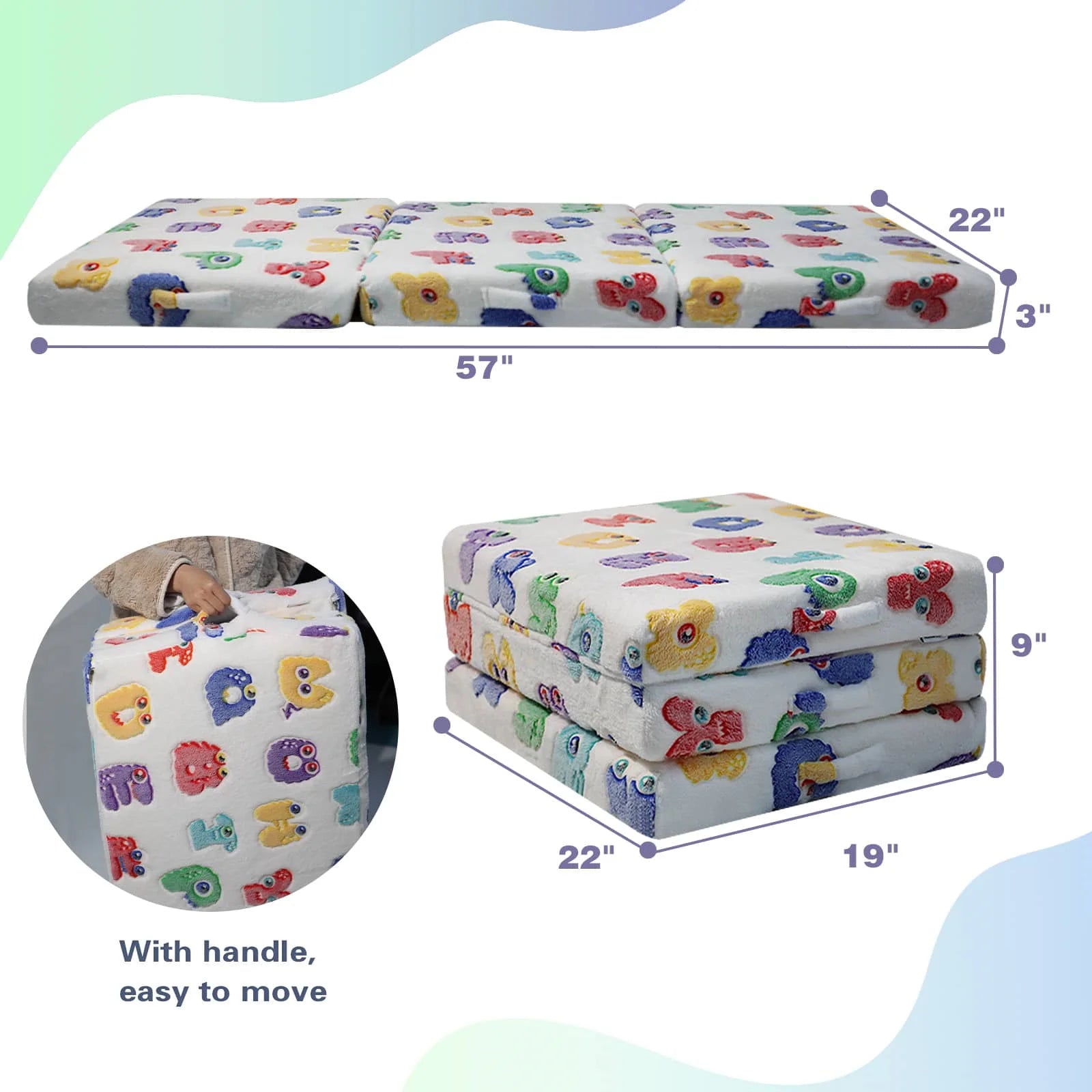 The Folding Floor Mattress For Kids-White Alphabet measures 57 “L x 22 ‘W x 3 ’Th.