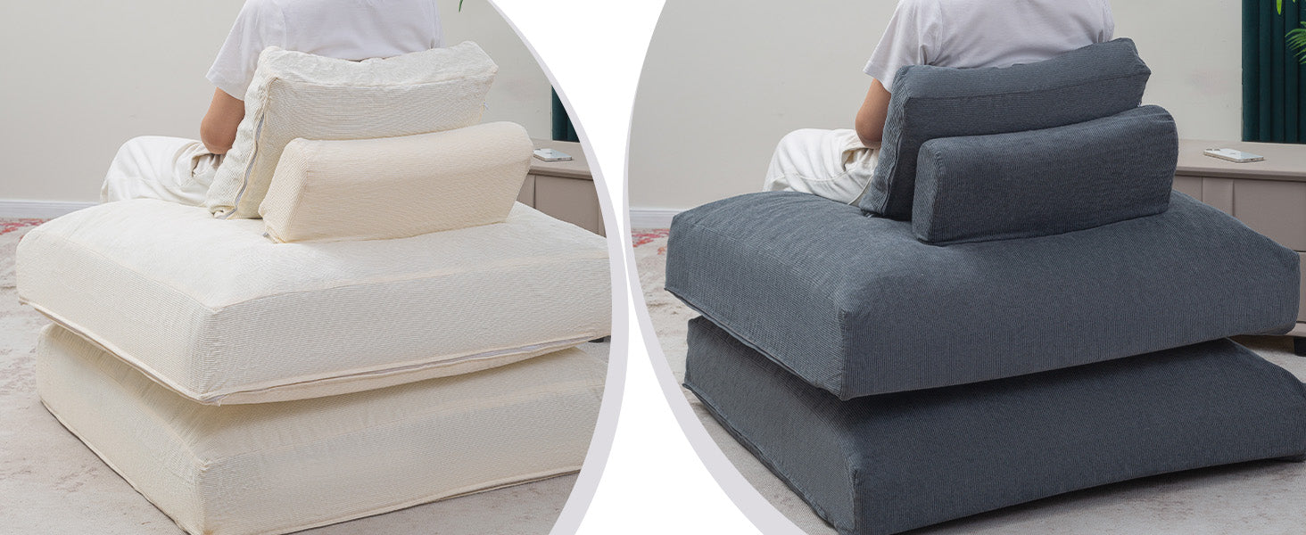 Grey Folding Sofa Bed and Beige Folding Sofa Bed folded into floor sofa couch