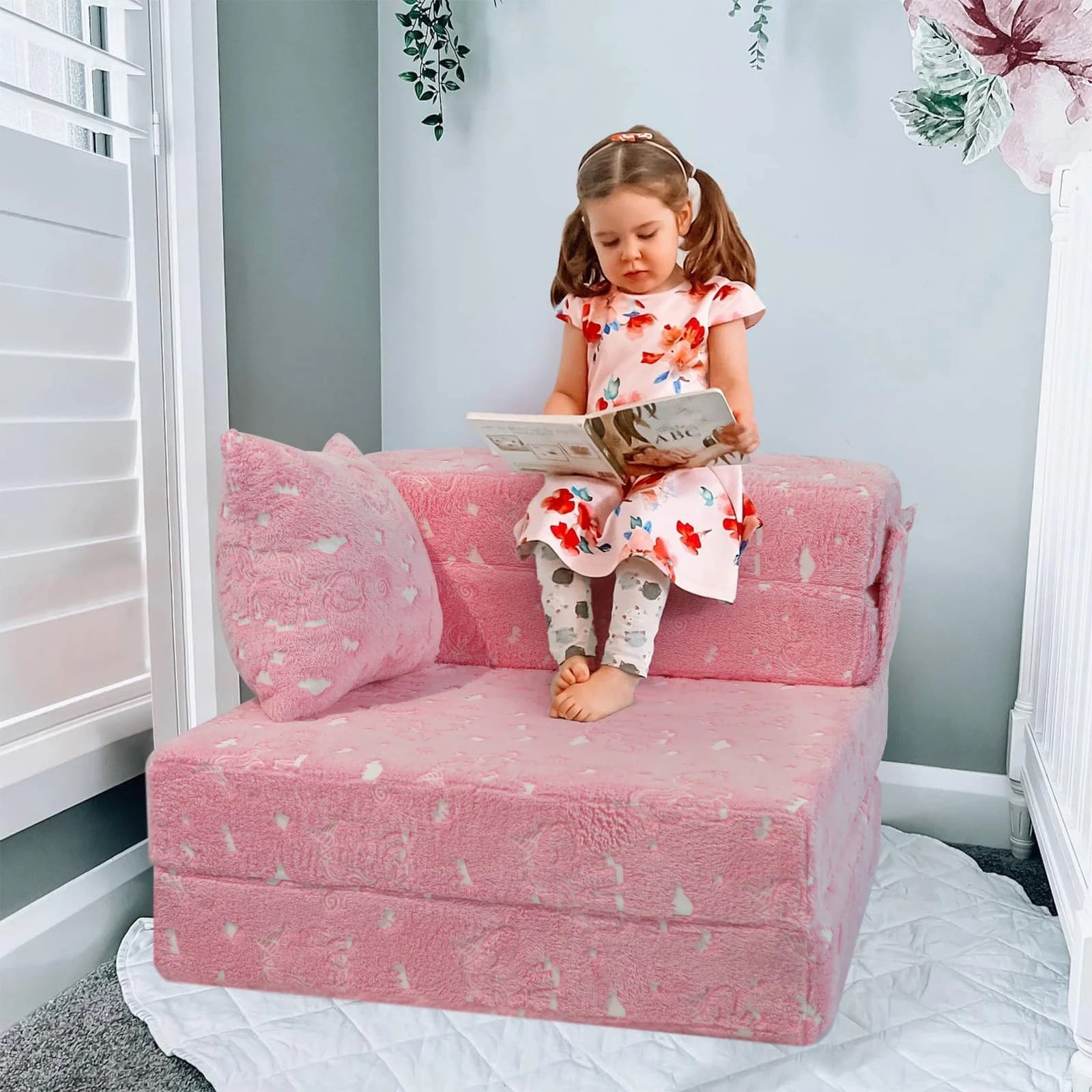 Girls Sitting Unicorn Convertible Kids Foldable Floor MattressIGlowsofa