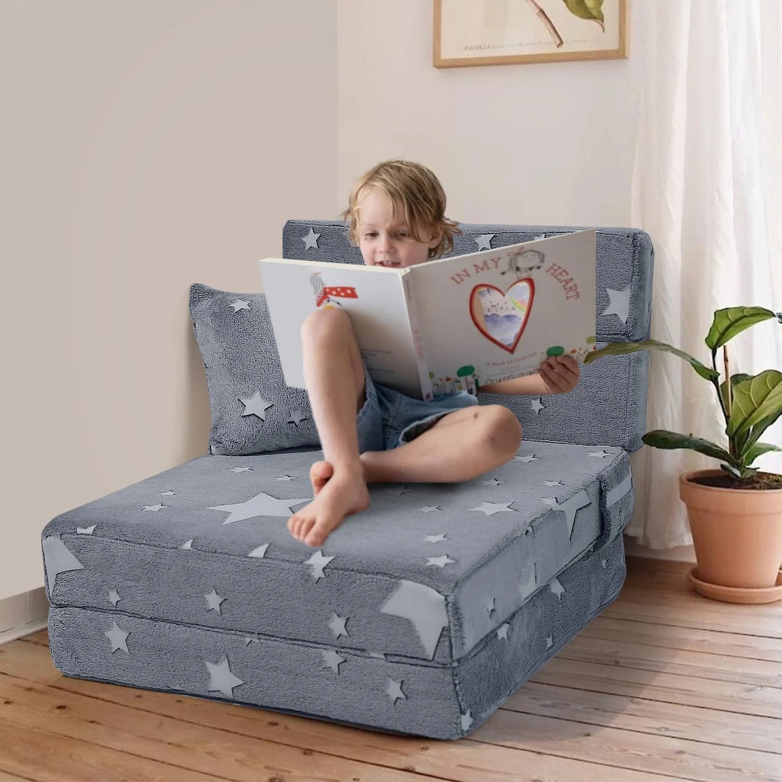 Boy Sitting Star Convertible Kids Foldable Floor MattressIGlowsofa