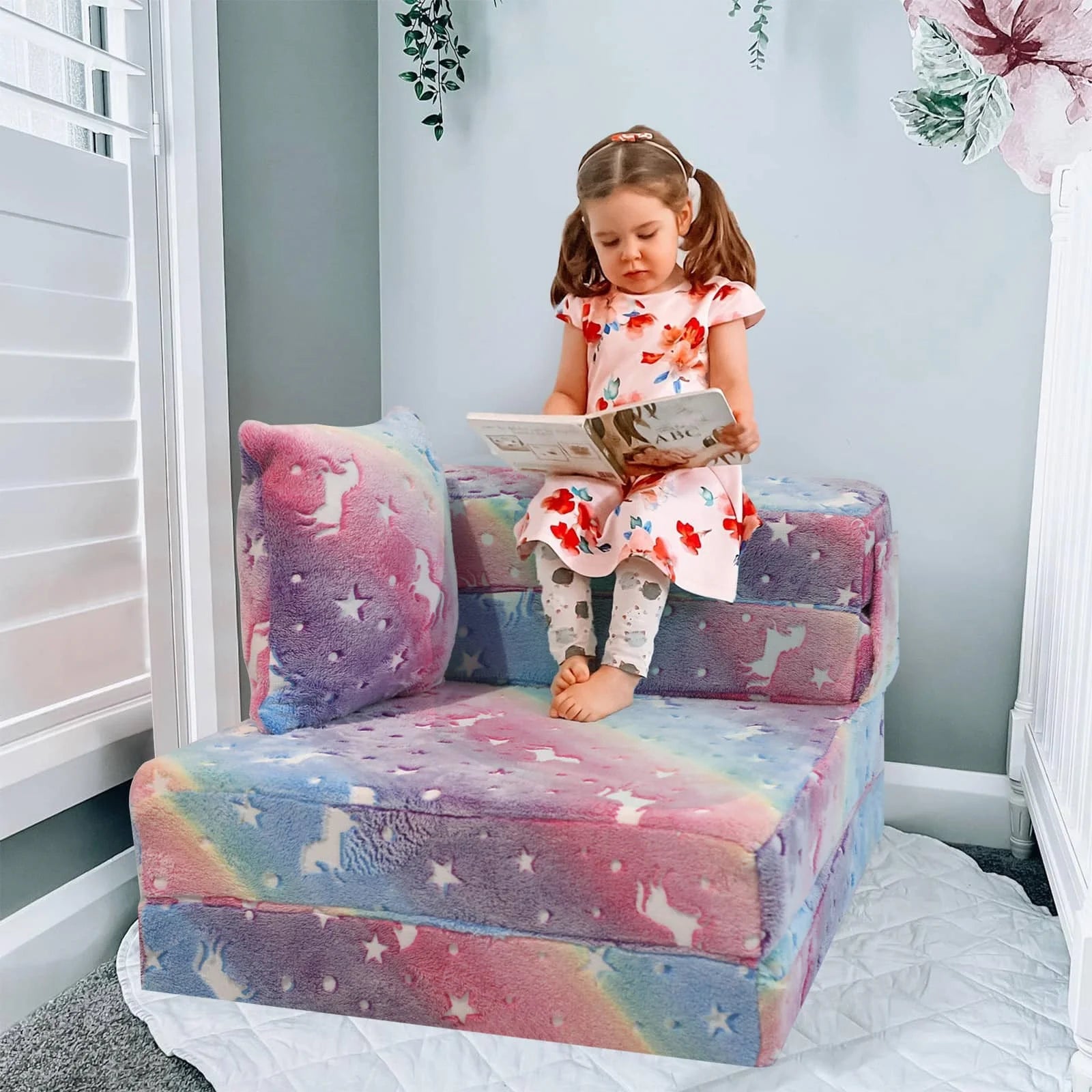 Girls Sitting Rainbow Convertible Kids Foldable Floor MattressIGlowsofa