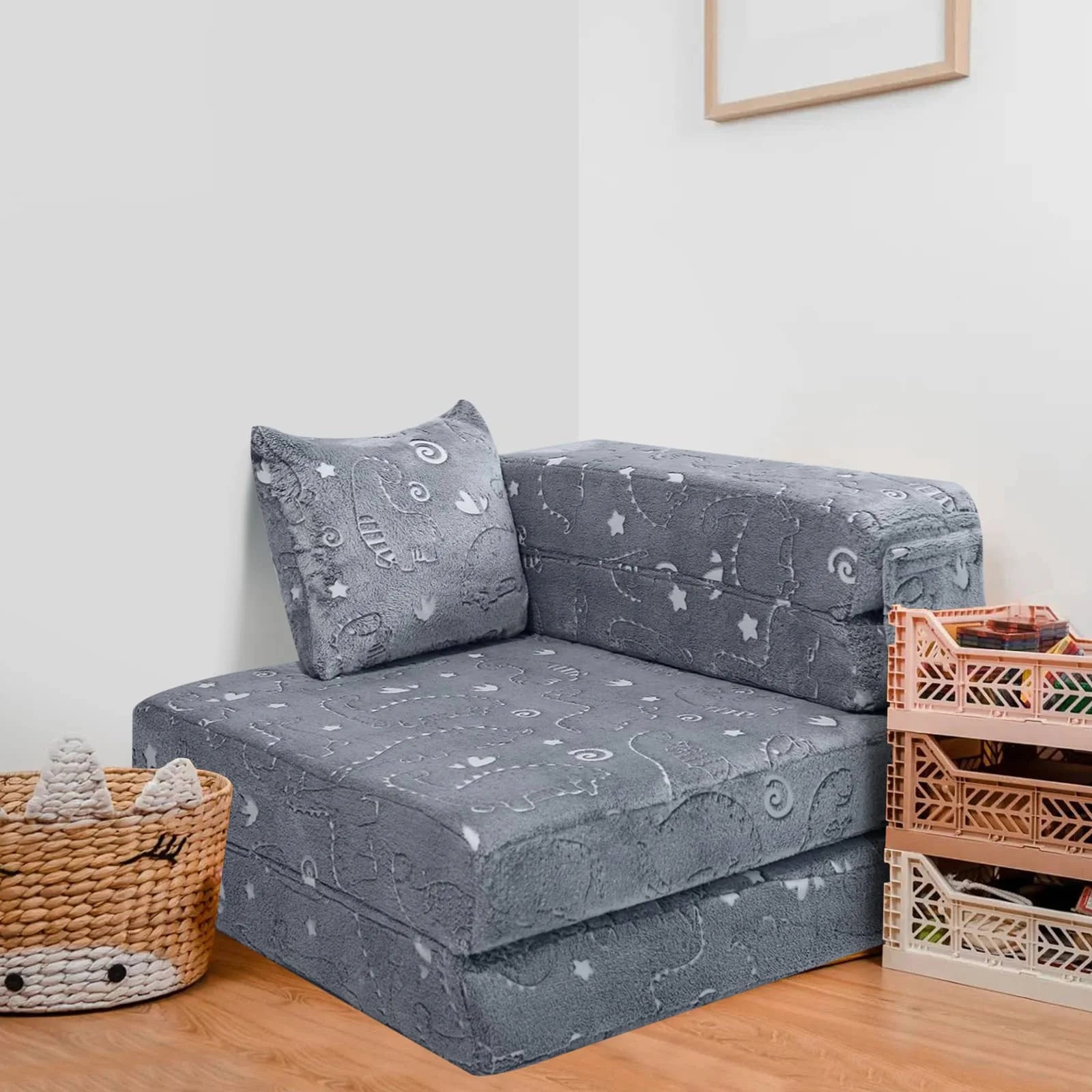 Dinosaur Convertible Kids Foldable Floor Mattress WIth Throw Pillow