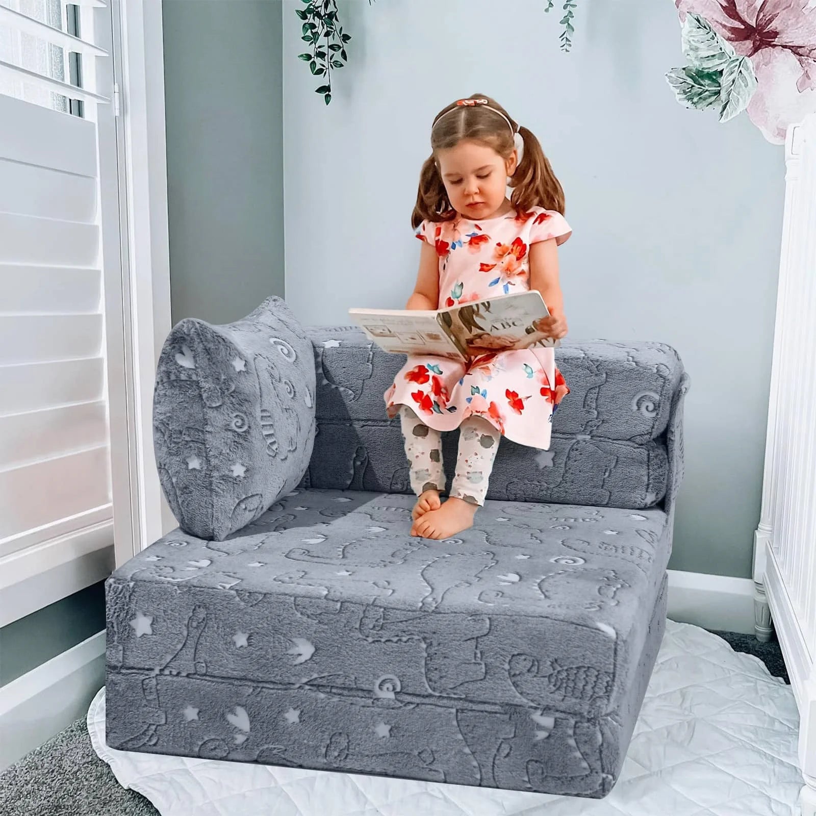 Girls Sitting Dinosaur Convertible Kids Foldable Floor MattressIGlowsofa