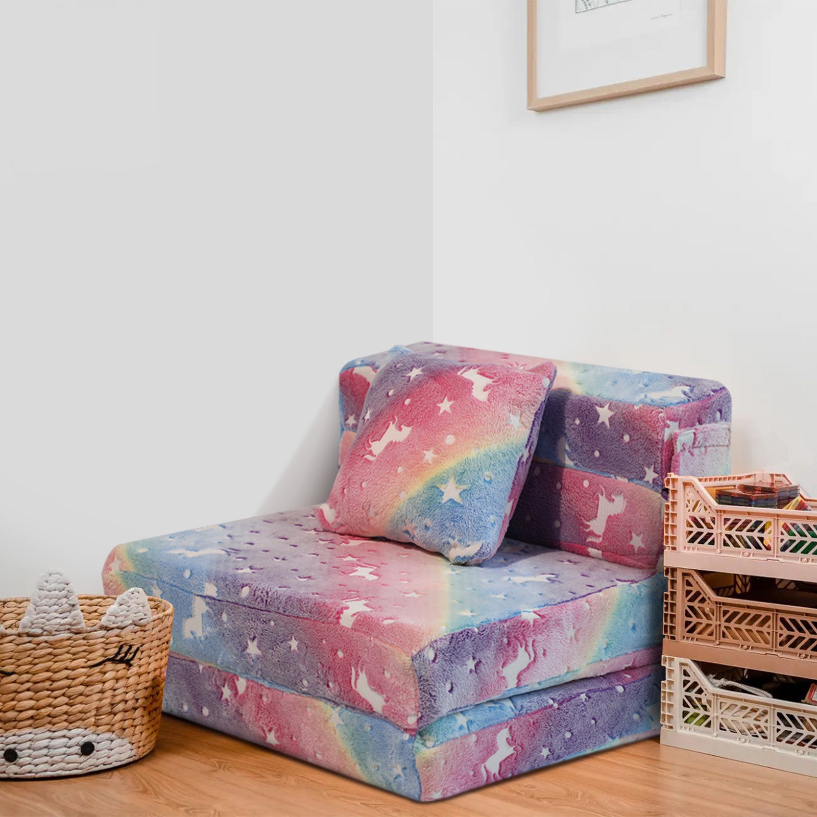 Rainbow Convertible Kids Foldable Floor Mattress WIth Throw Pillow