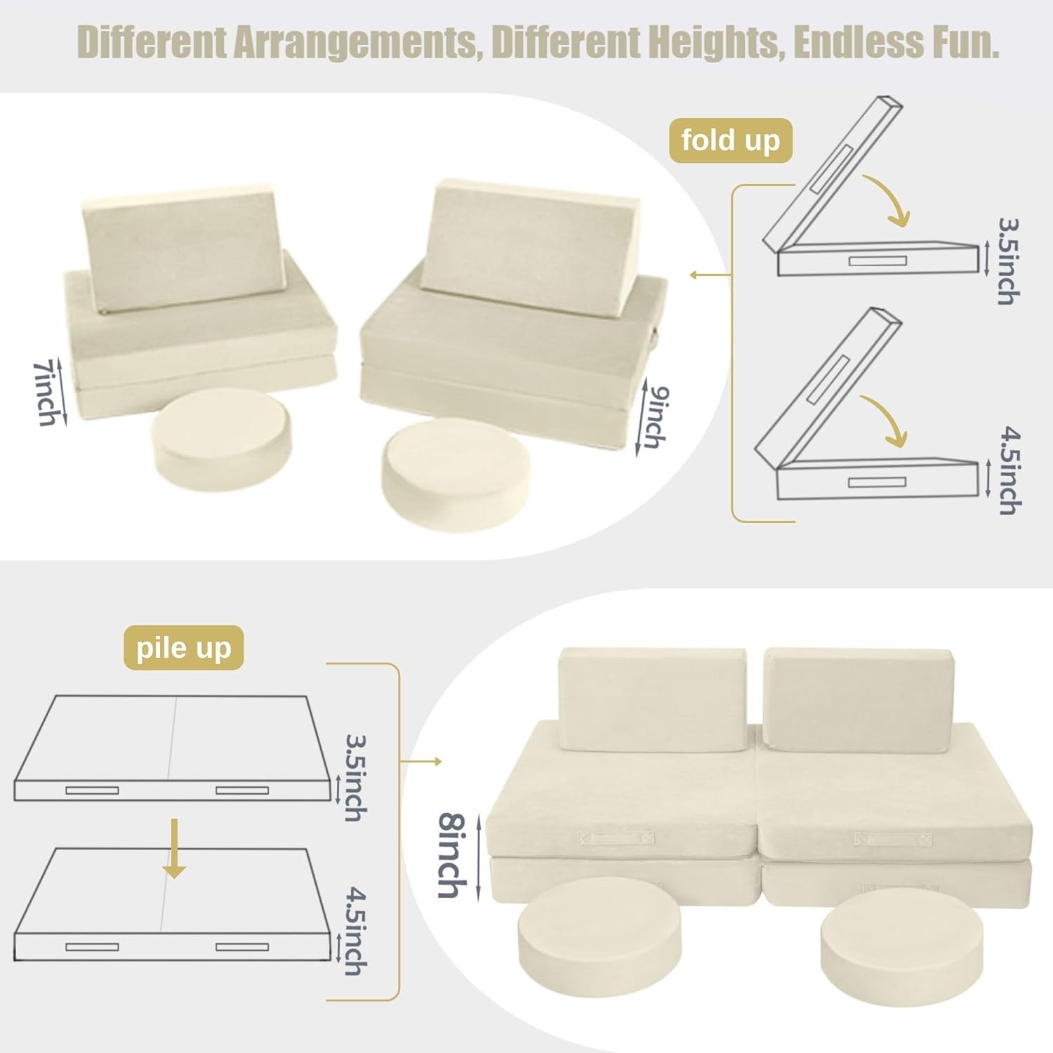 Glowsofa's Solid Beige 8 pieces kids play couch features 8 pieces, four foldable seats, two back cushions, and two round cushions.