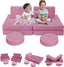 Two girls sitting on MeMoreCool Solid Pink 8 piece kids play couch set