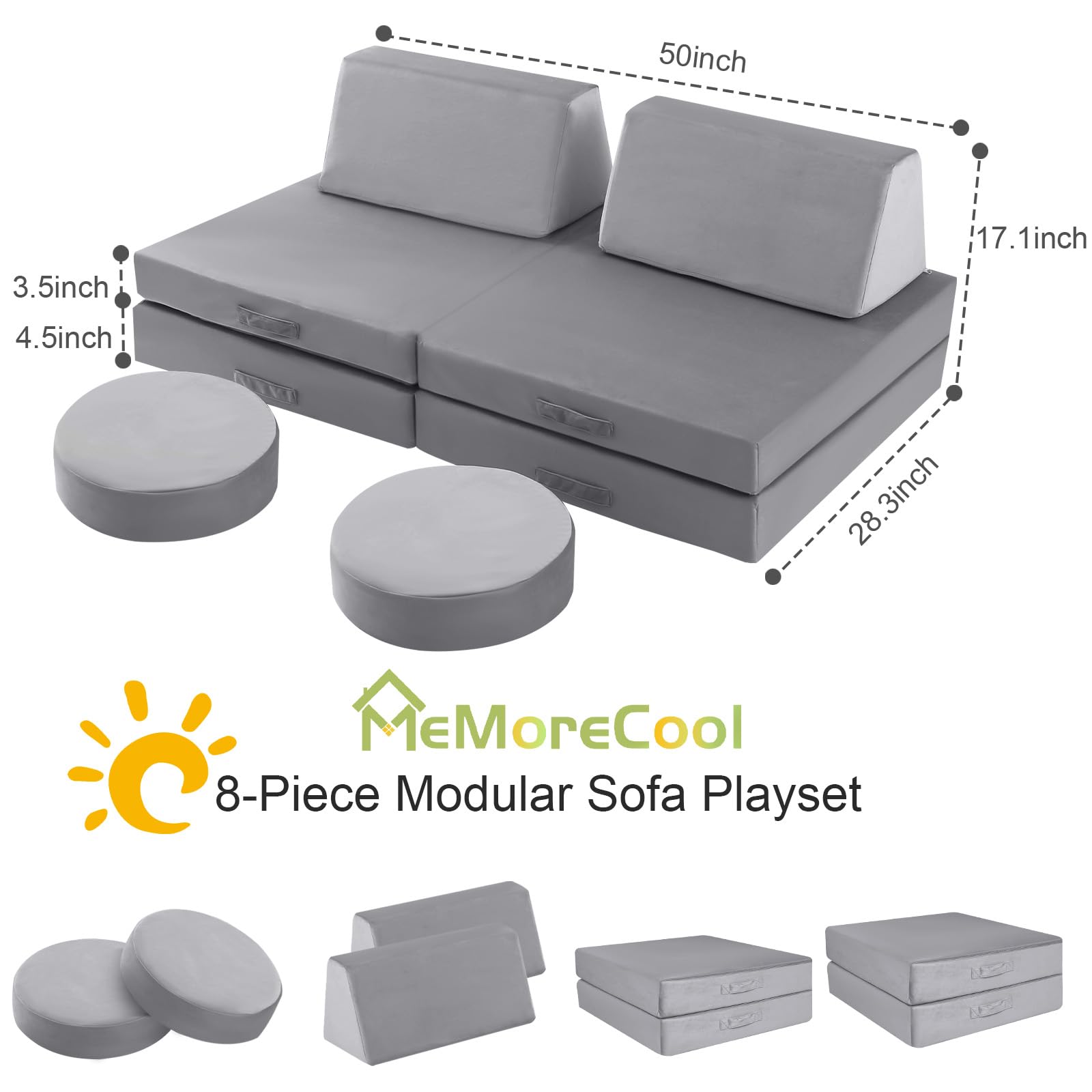 Glowsofa's Solid Grey 8 pieces kids play couch measures 28.3 “D x 50 ‘W x 17.1 ’H