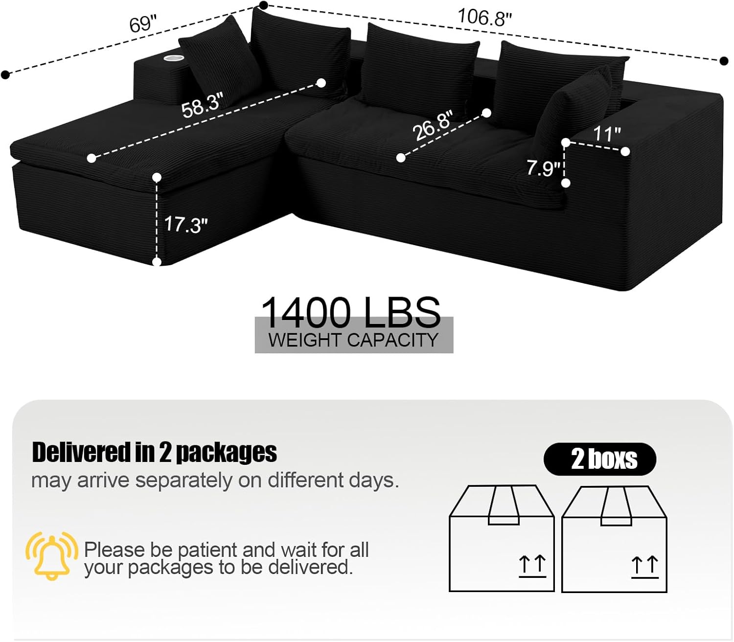 MeMoreCool Black Sectional Couches for Living Room, Comfy Boneless Couch, Cloud Modular Sectional Sofa No Assembly, Modern L Shape Sofa with Chaise, Soft Plush 107 in