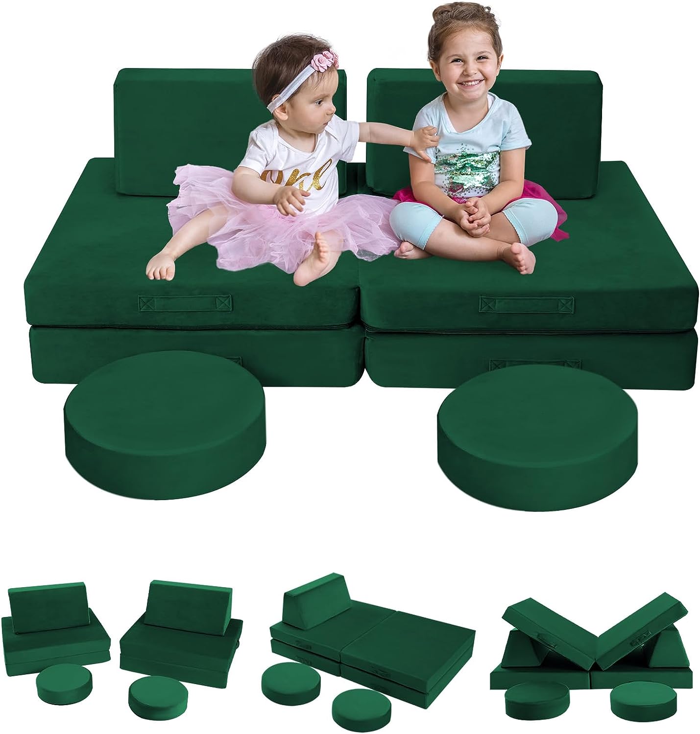 Two girls sitting on Glowsofa's Solid Green 8 piece kids play couch set