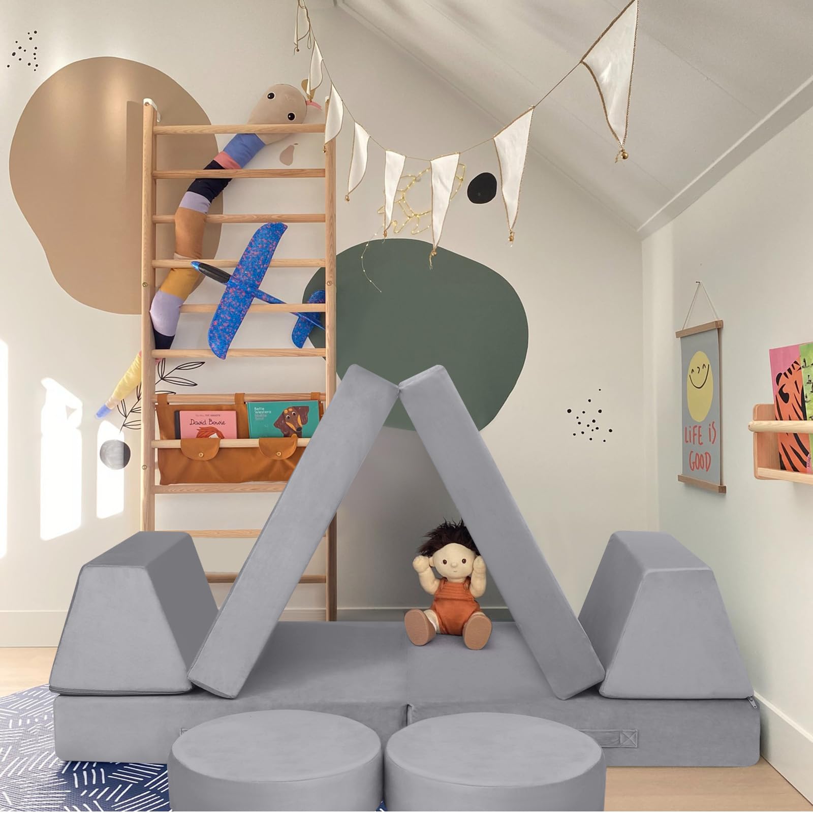 Glowsofa's Solid Grey 8 pieces kids play couch buildable mini tent