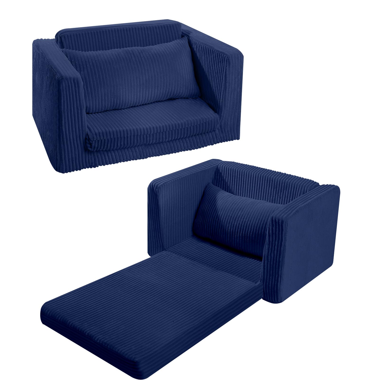 Glowsofa's Navy Children's Fold Out Sofa Folded and Unfolded Status
