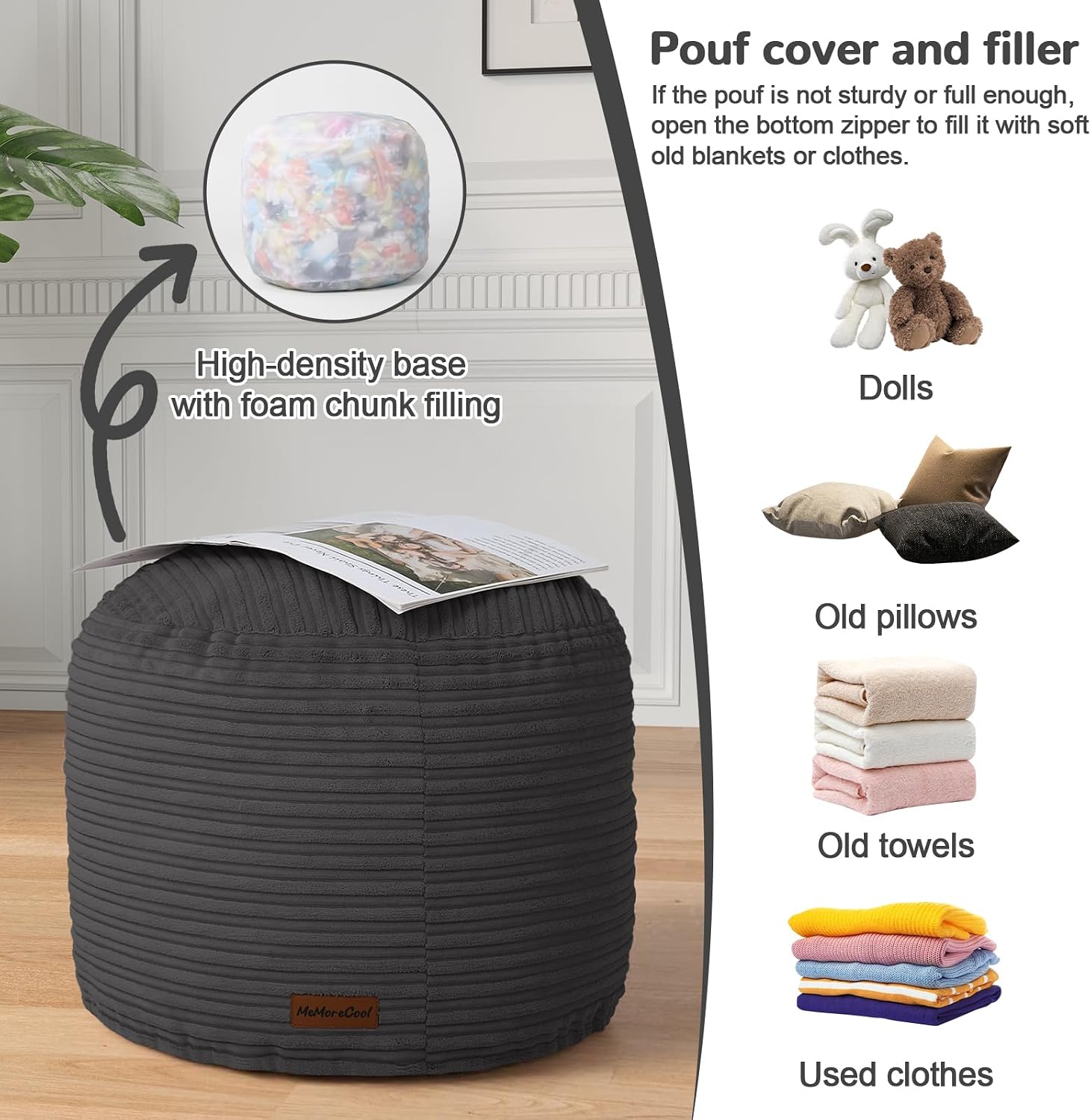 Round Plush Pouf Ottoman, 20"x15"