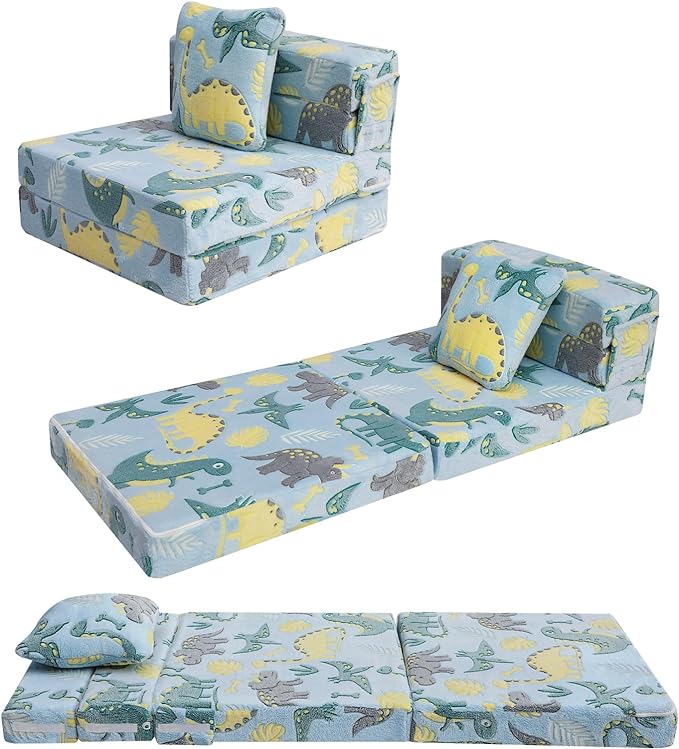 Blue Dinosaur Convertible Kids Foldable Floor MattressIGlowsofa