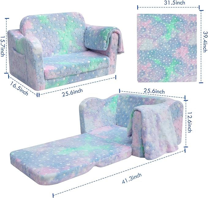 Fold Out Kids Couch, Flip Out Kids Sofa Chair with Blanket | GlowSofa