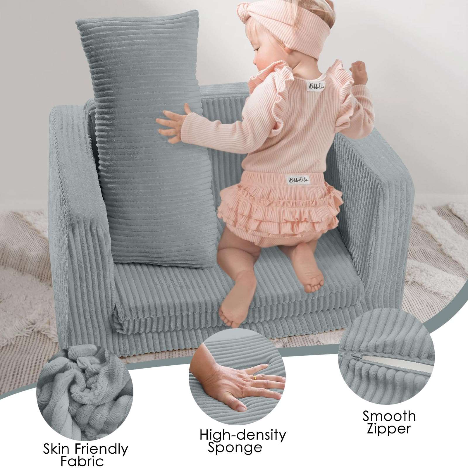 Glowsofa's Grey Children's Fold Out Sofa features high-density sponge, smooth zipper, skin friendly fabric